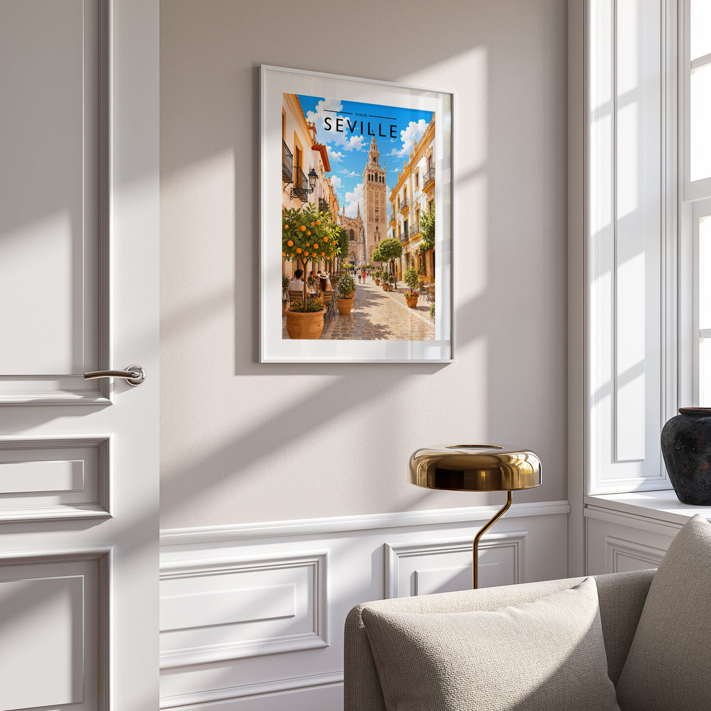 Seville Travel Poster in a white frame on a panelled wall
