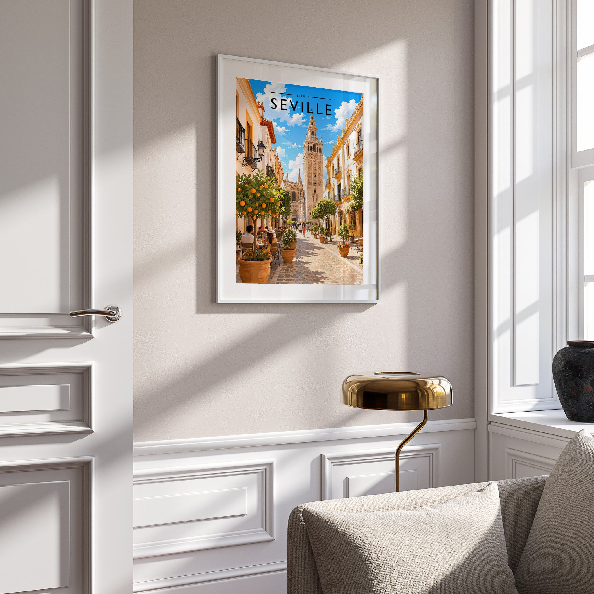 Seville Travel Poster in a white frame on a panelled wall