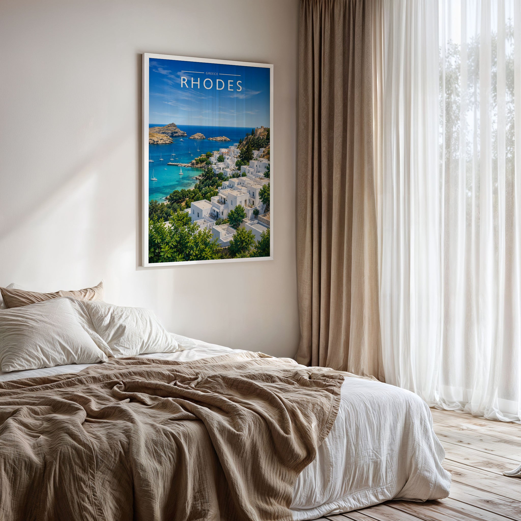 Rhodes #3 Travel Poster framed on a bedroom wall