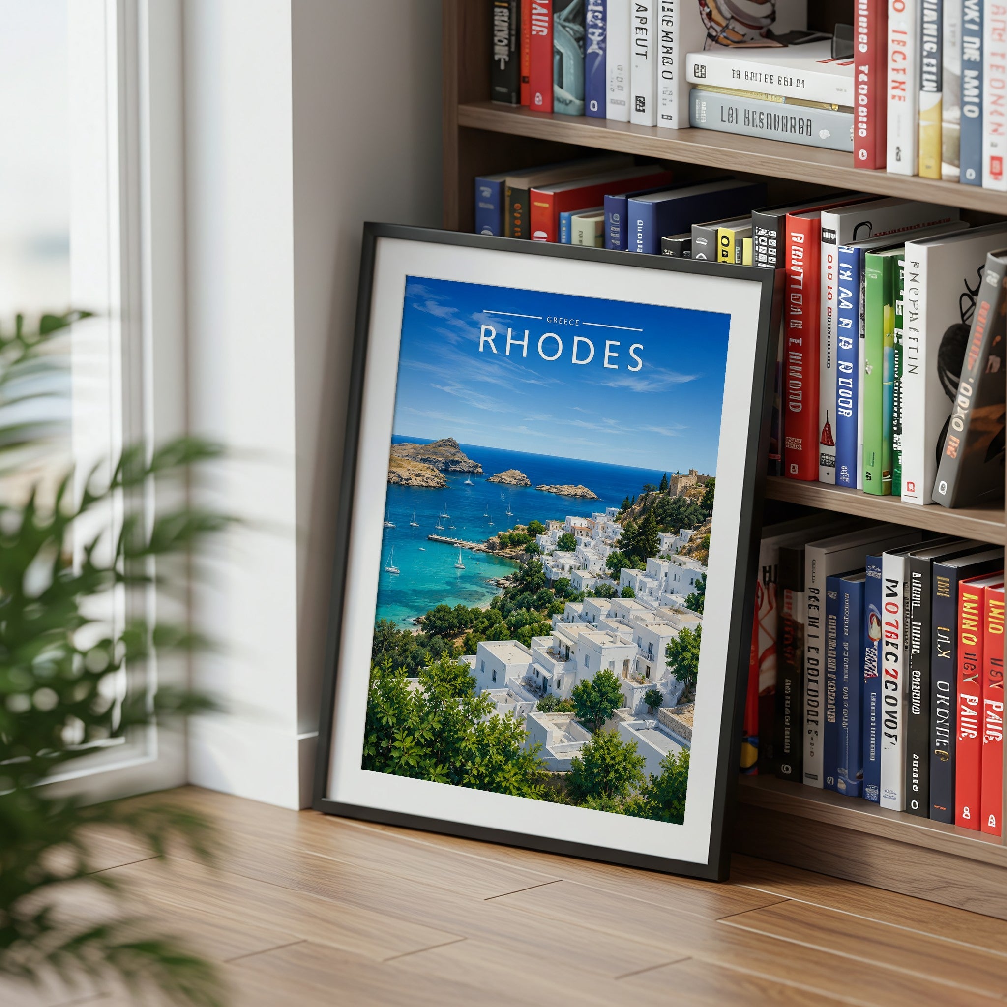 Rhodes #3 Travel Poster mounted in a black frame