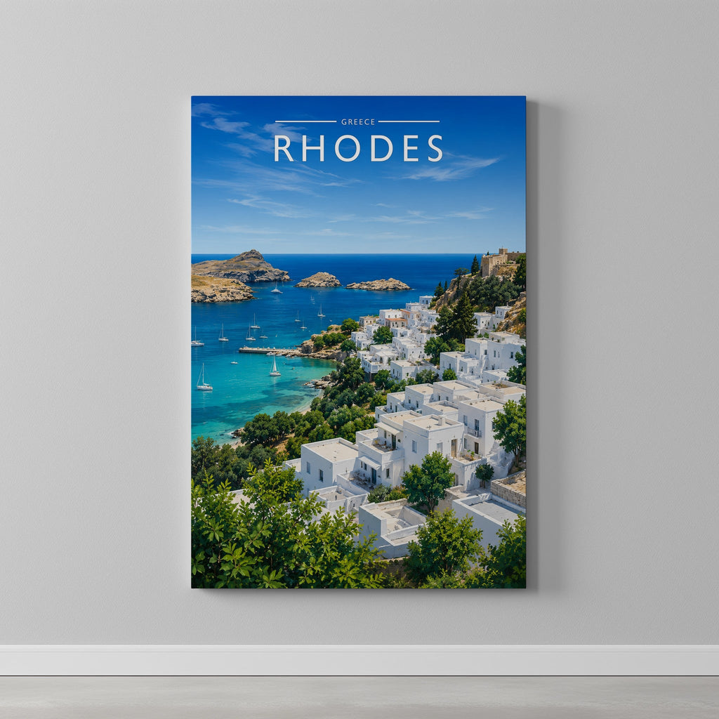 Rhodes #3 Travel Poster as a gallery-wrapped canvas on a plain wall