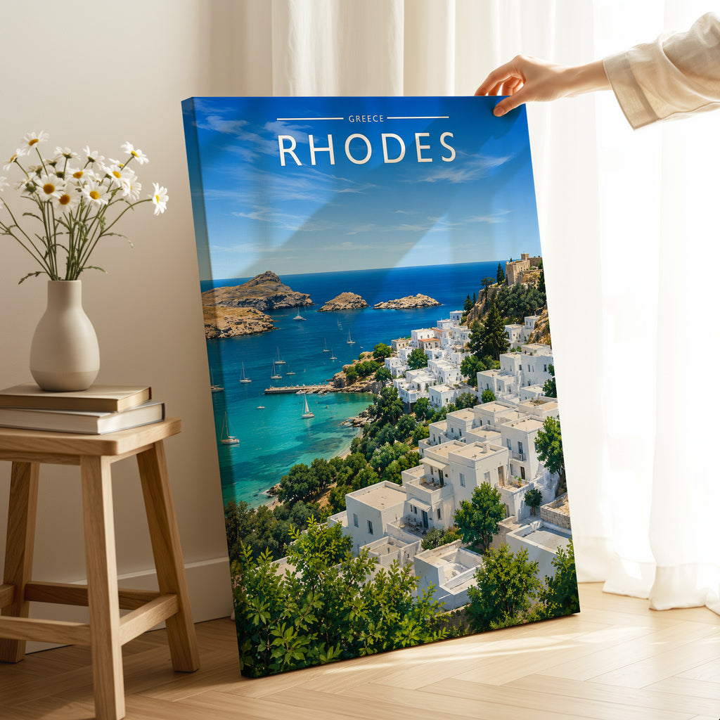 Rhodes #3 Travel Poster as a gallery-wrapped canvas