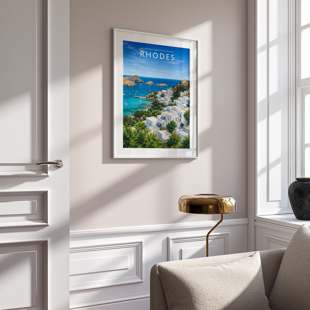Rhodes #3 Travel Poster in a white frame on a panelled wall