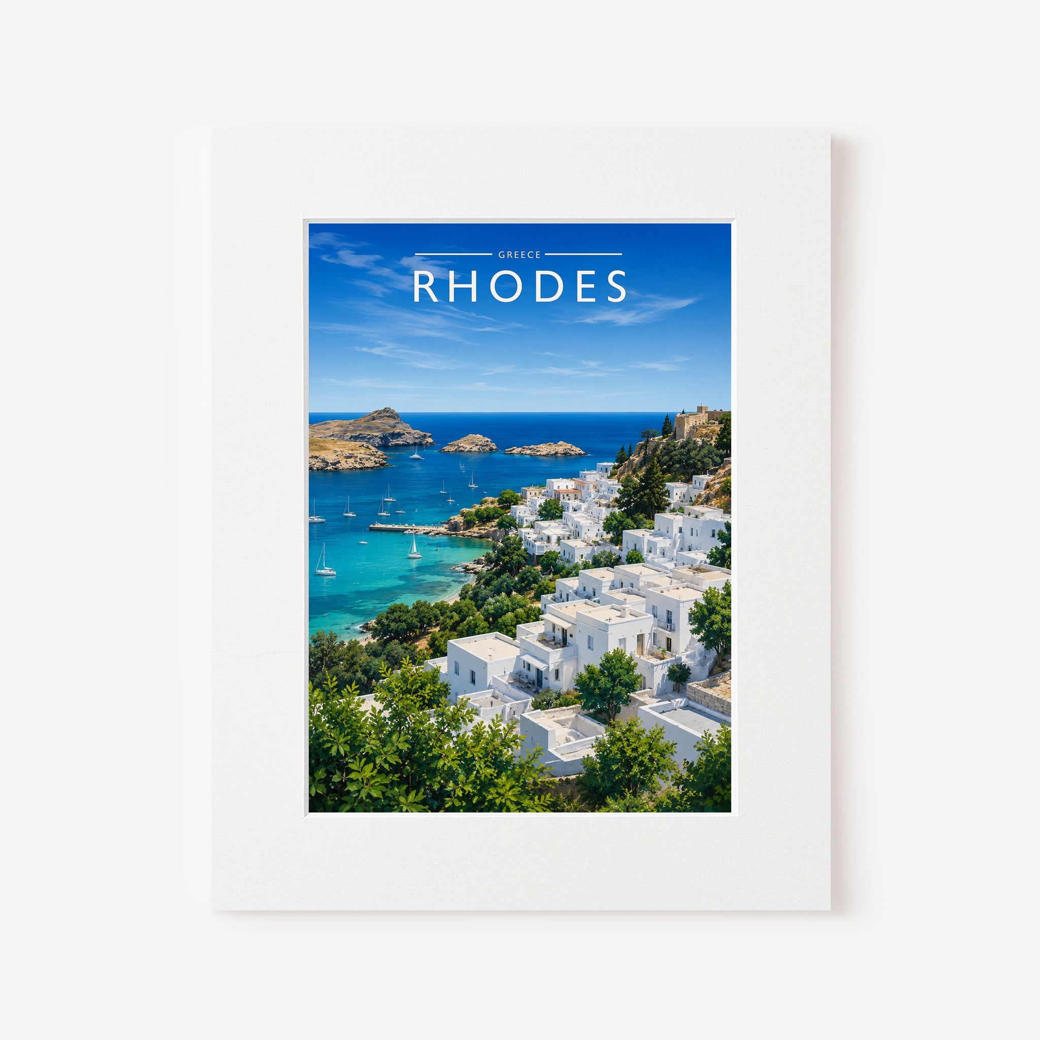 Rhodes #3 Travel Poster in a white mount