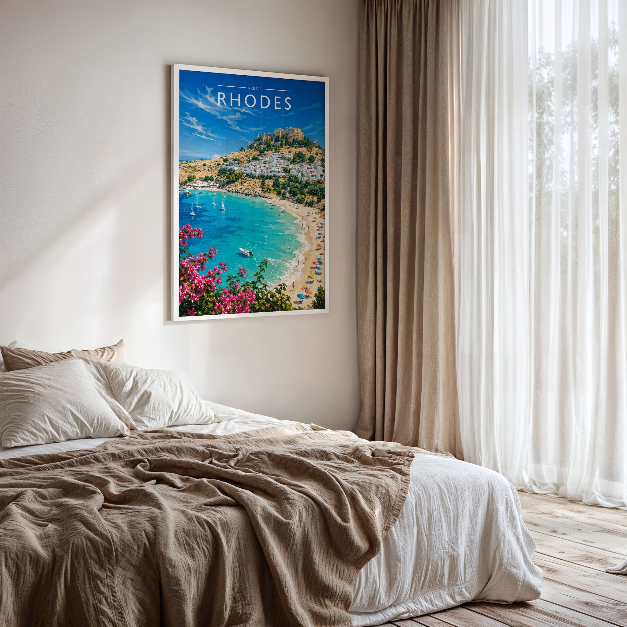 Rhodes #4 Travel Poster framed on a bedroom wall