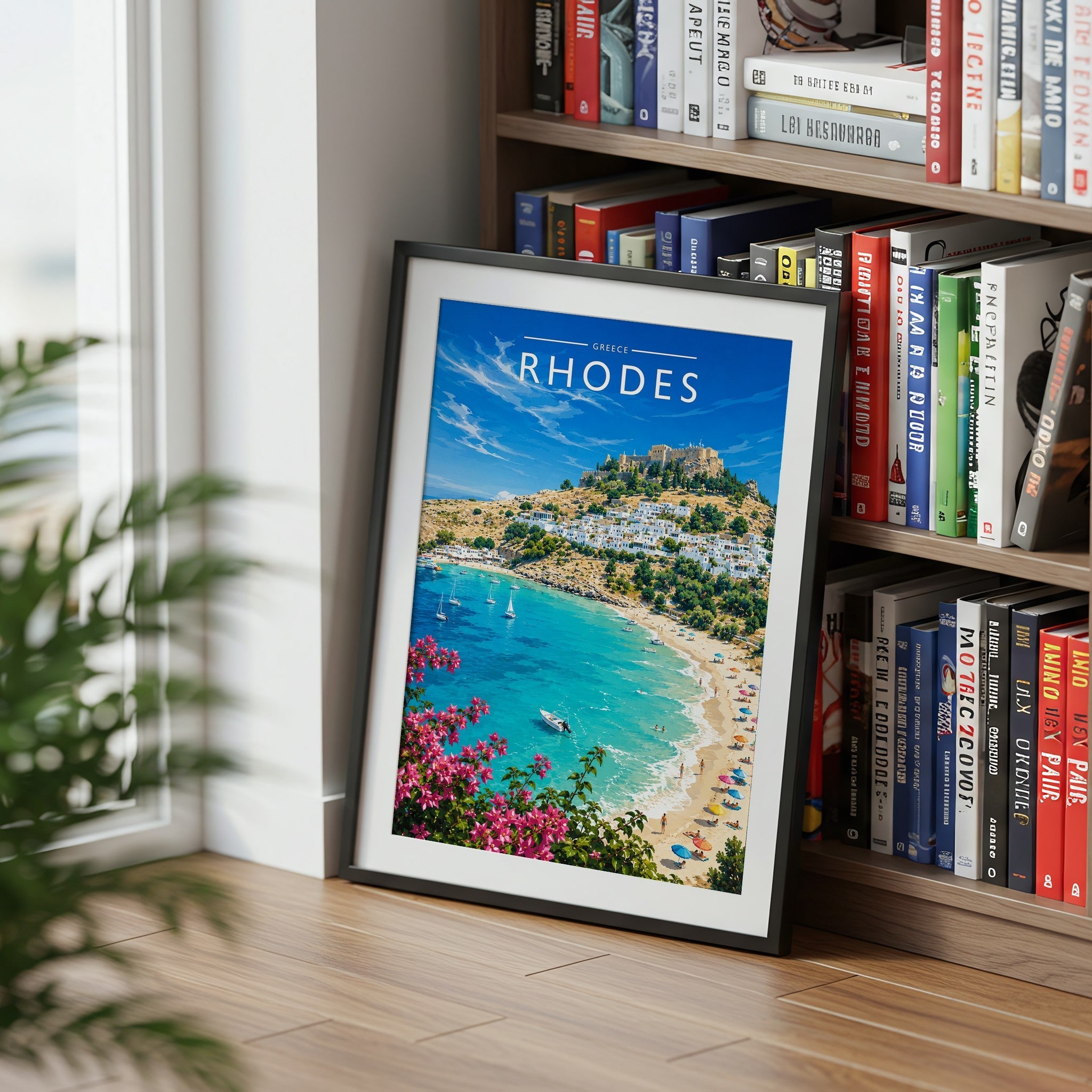 Rhodes #4 Travel Poster mounted in a black frame