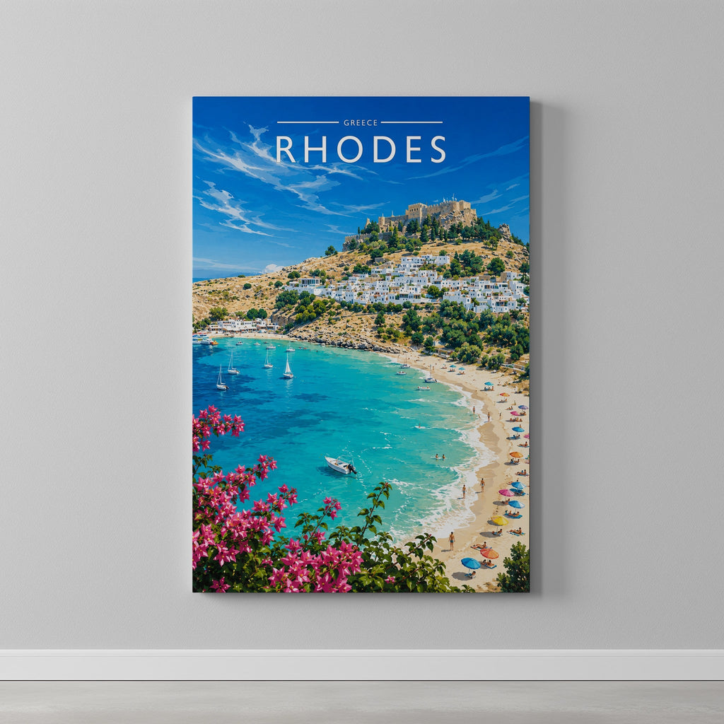 Rhodes #4 Travel Poster as a gallery-wrapped canvas on a plain wall