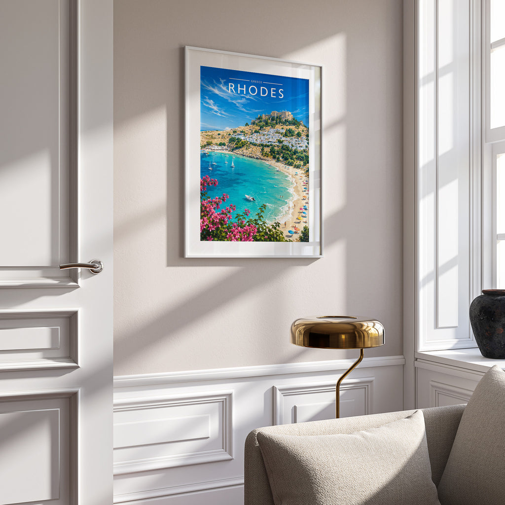 Rhodes #4 Travel Poster in a white frame on a panelled wall