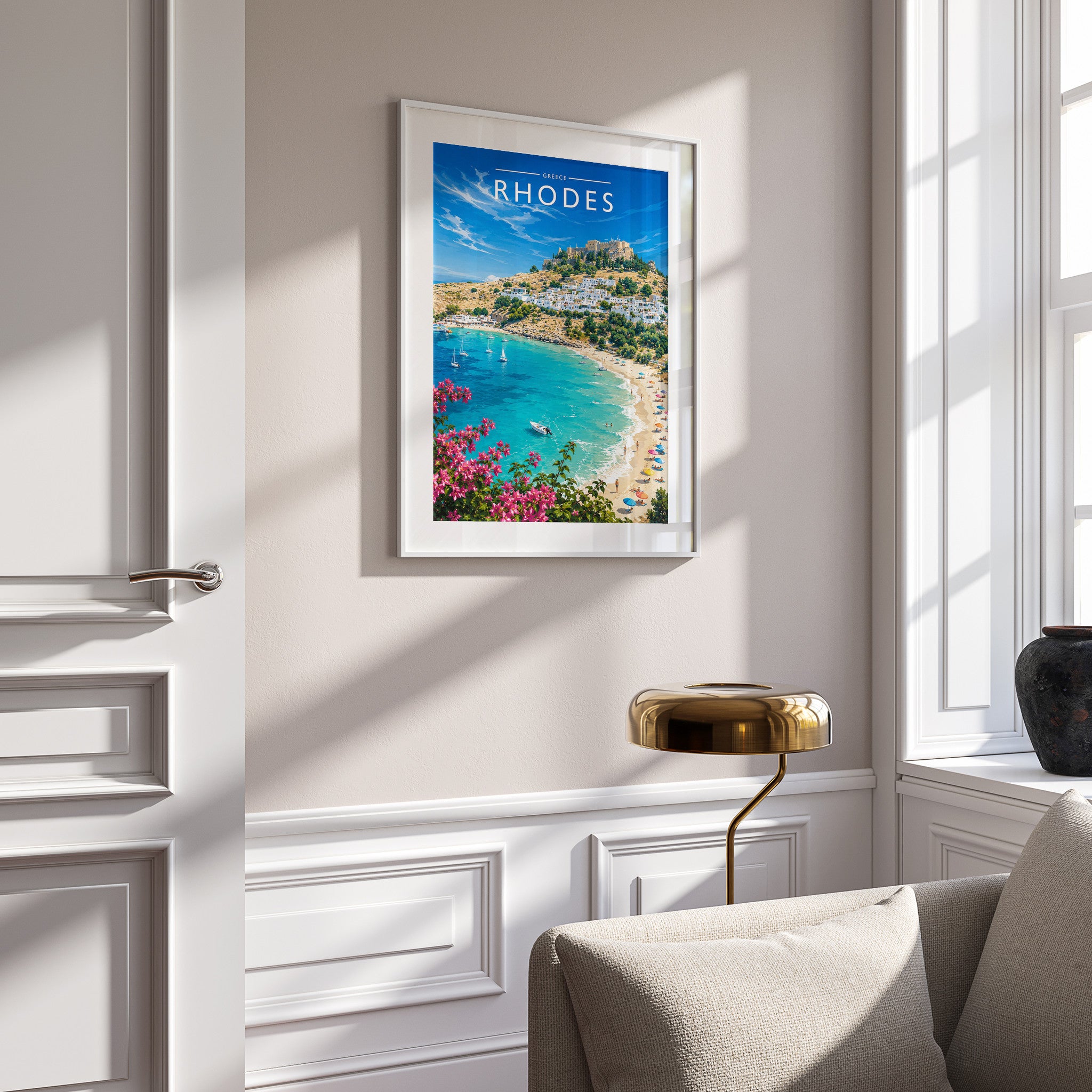 Rhodes #4 Travel Poster in a white frame on a panelled wall