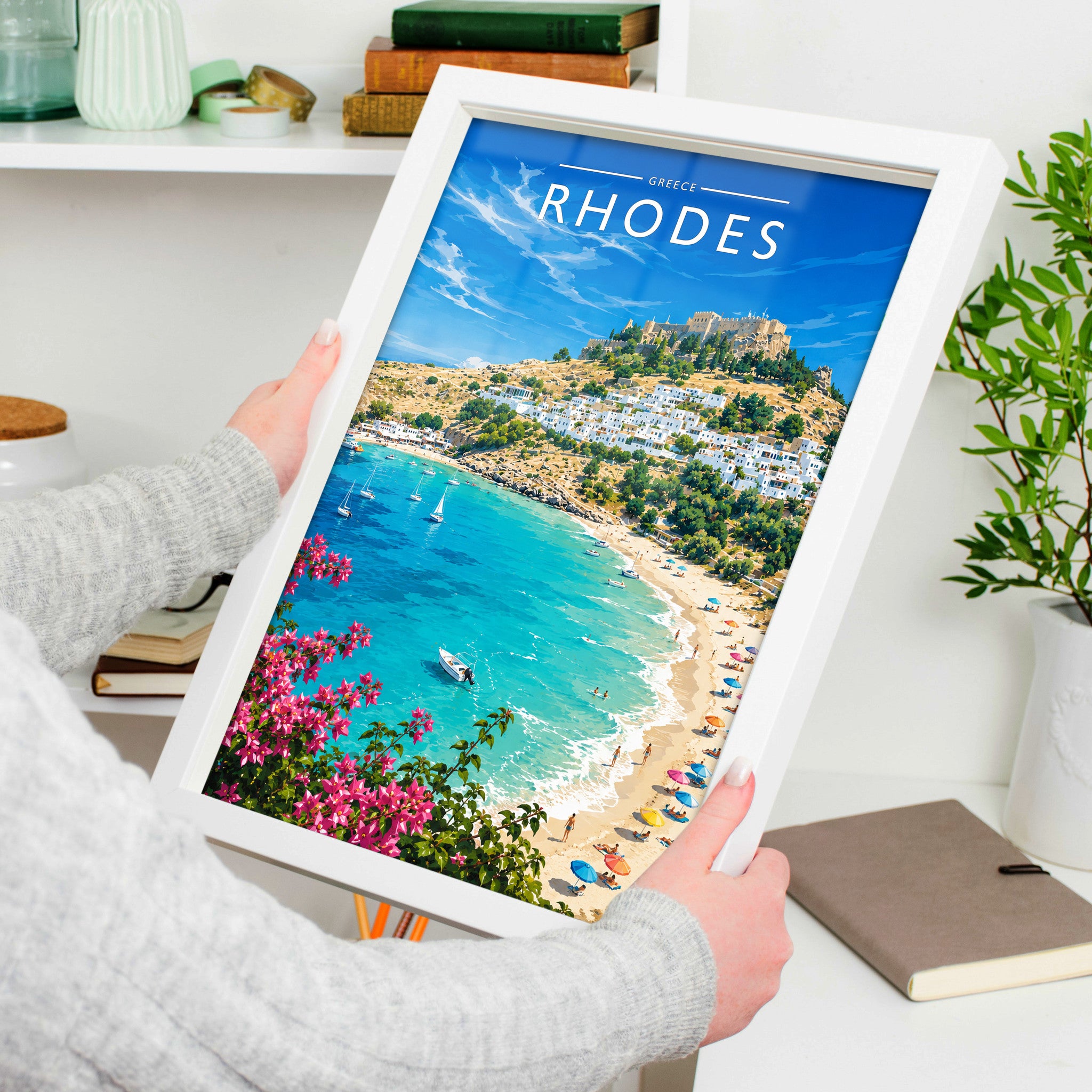 Rhodes #4 Travel Poster in a white frame, held to show scale