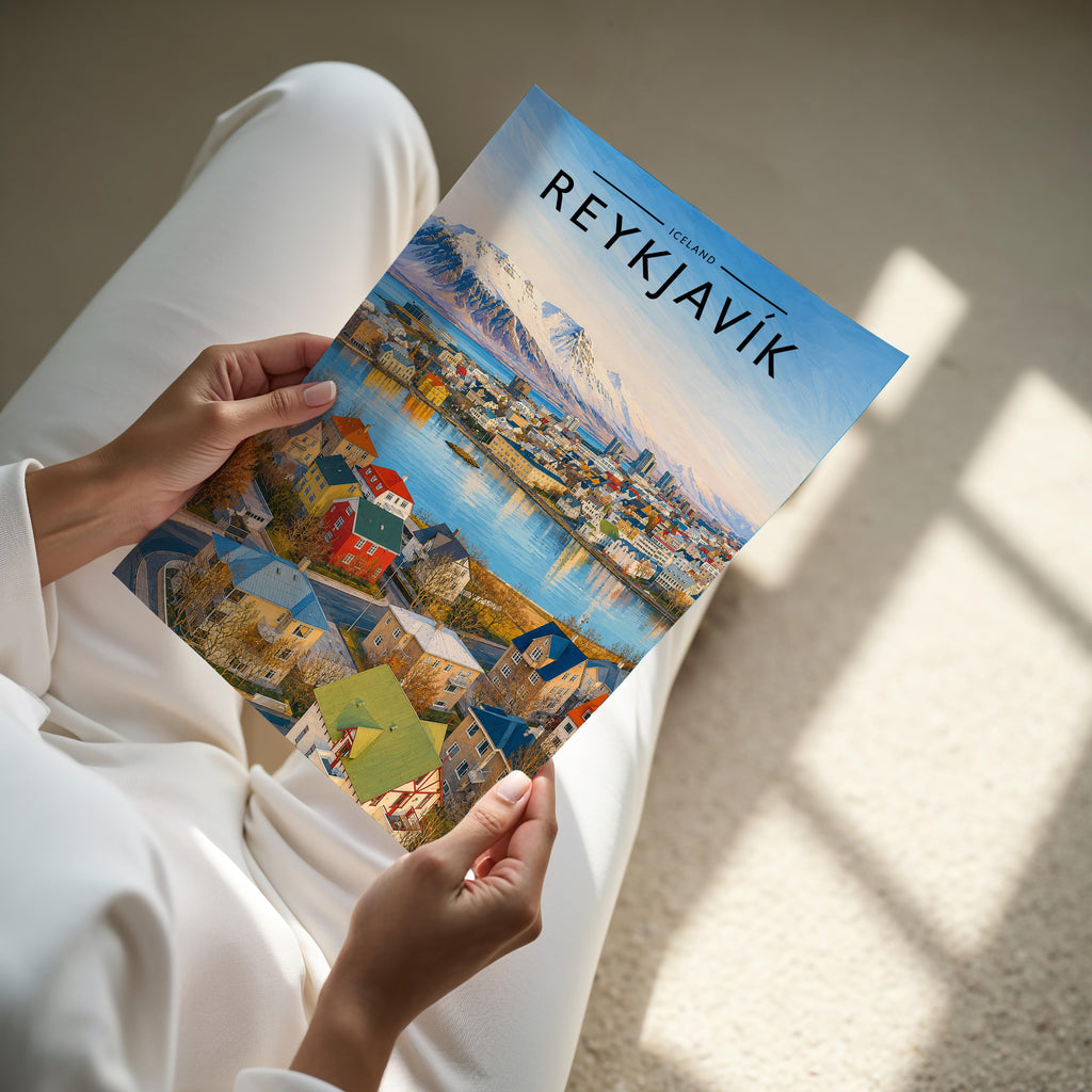 Reykjavík Travel Poster - A4 print held in hand