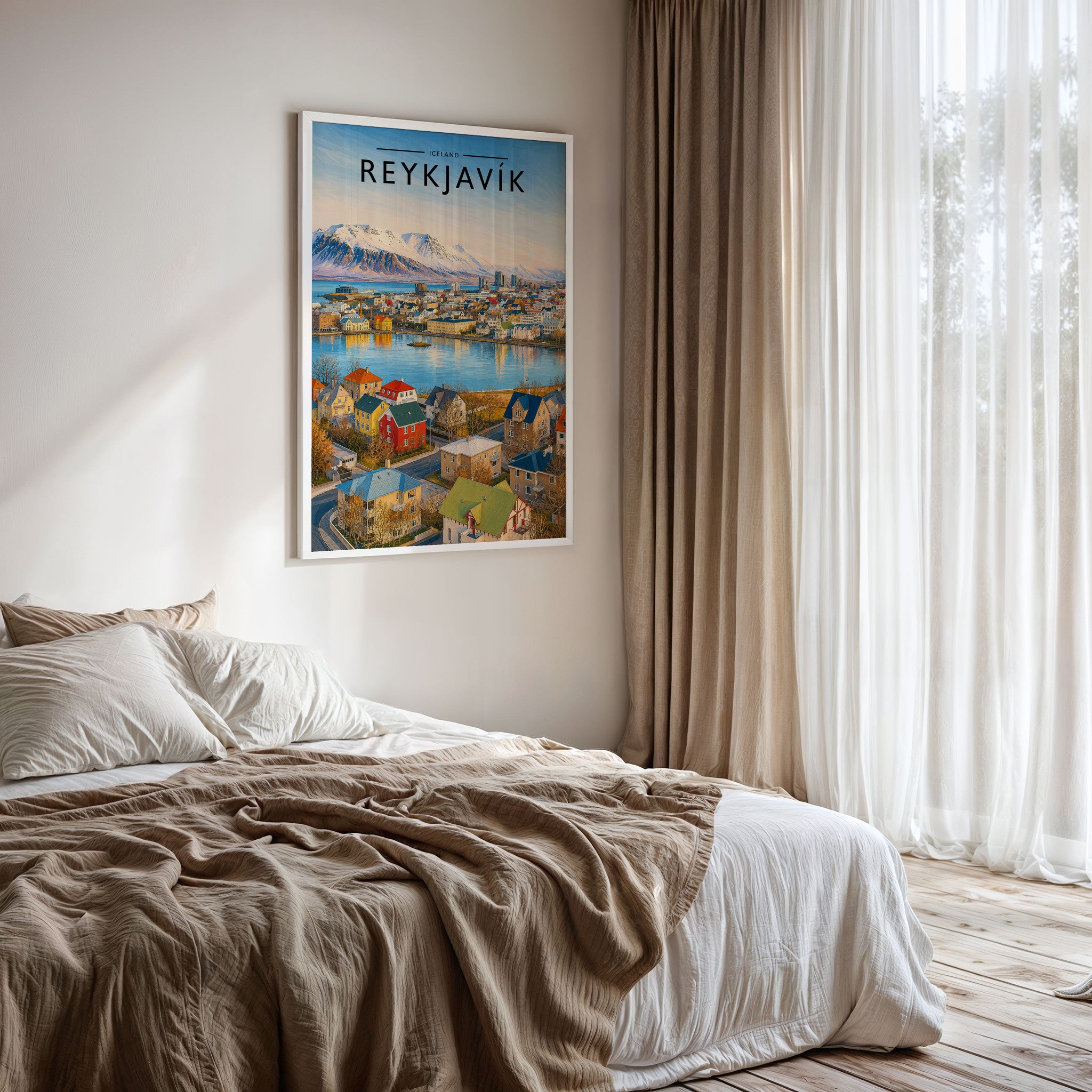 Reykjavík Travel Poster framed on a bedroom wall