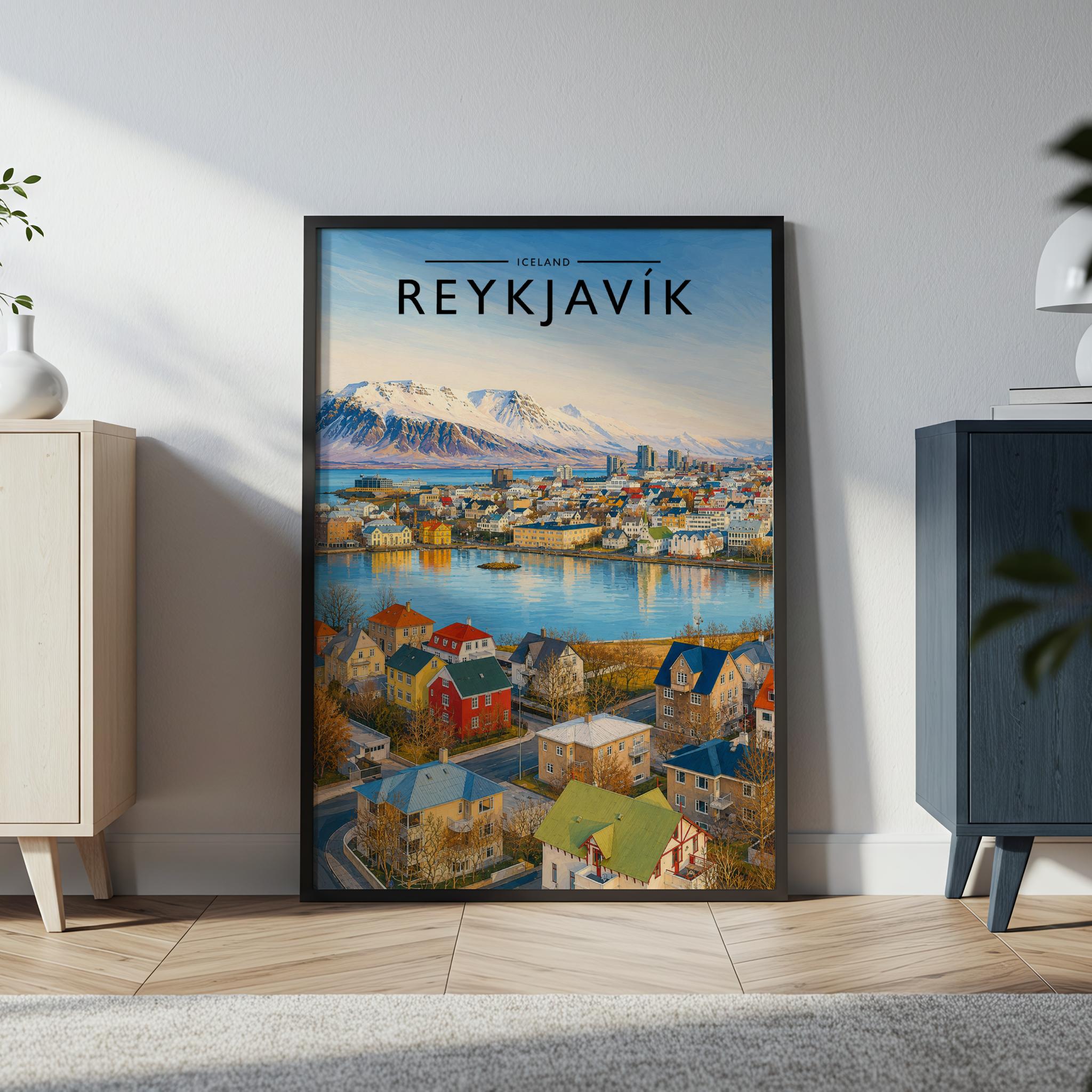 Reykjavík Travel Poster in a black frame