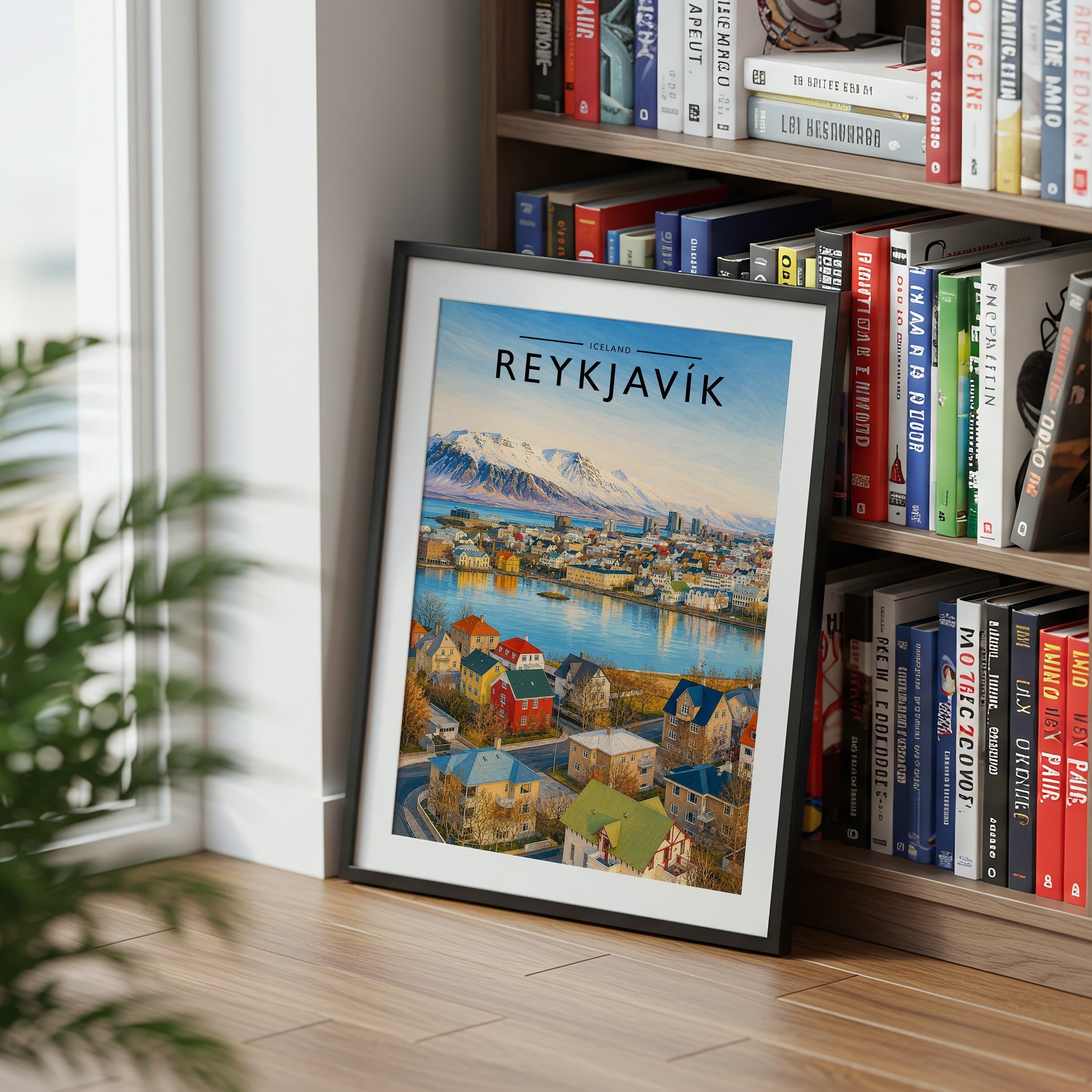 Reykjavík Travel Poster mounted in a black frame