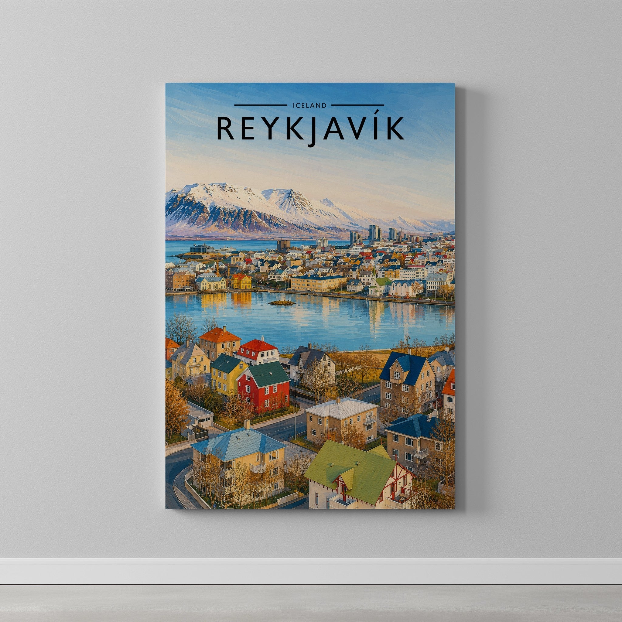 Reykjavík Travel Poster as a gallery-wrapped canvas on a plain wall
