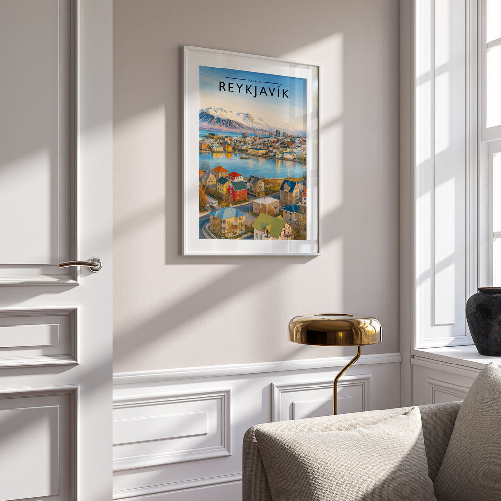 Reykjavík Travel Poster in a white frame on a panelled wall