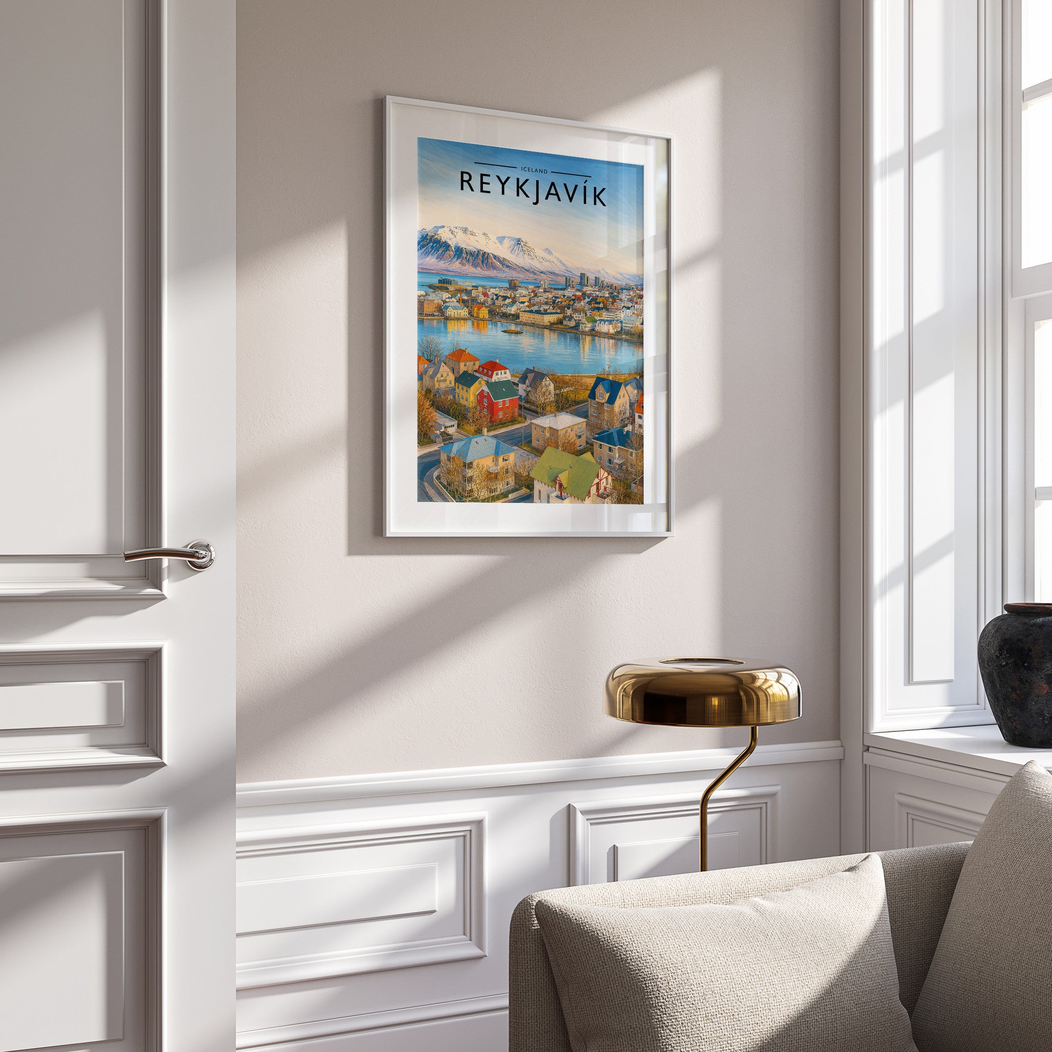 Reykjavík Travel Poster in a white frame on a panelled wall