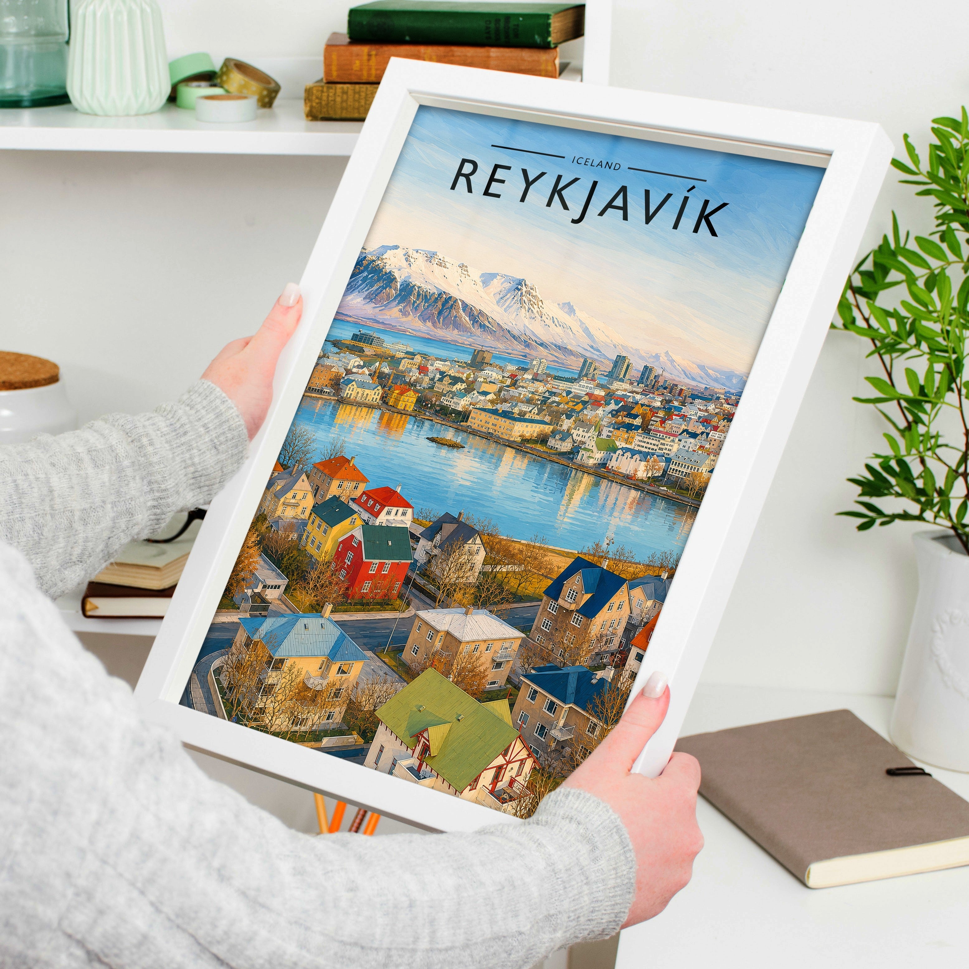 Reykjavík Travel Poster held in a white frame
