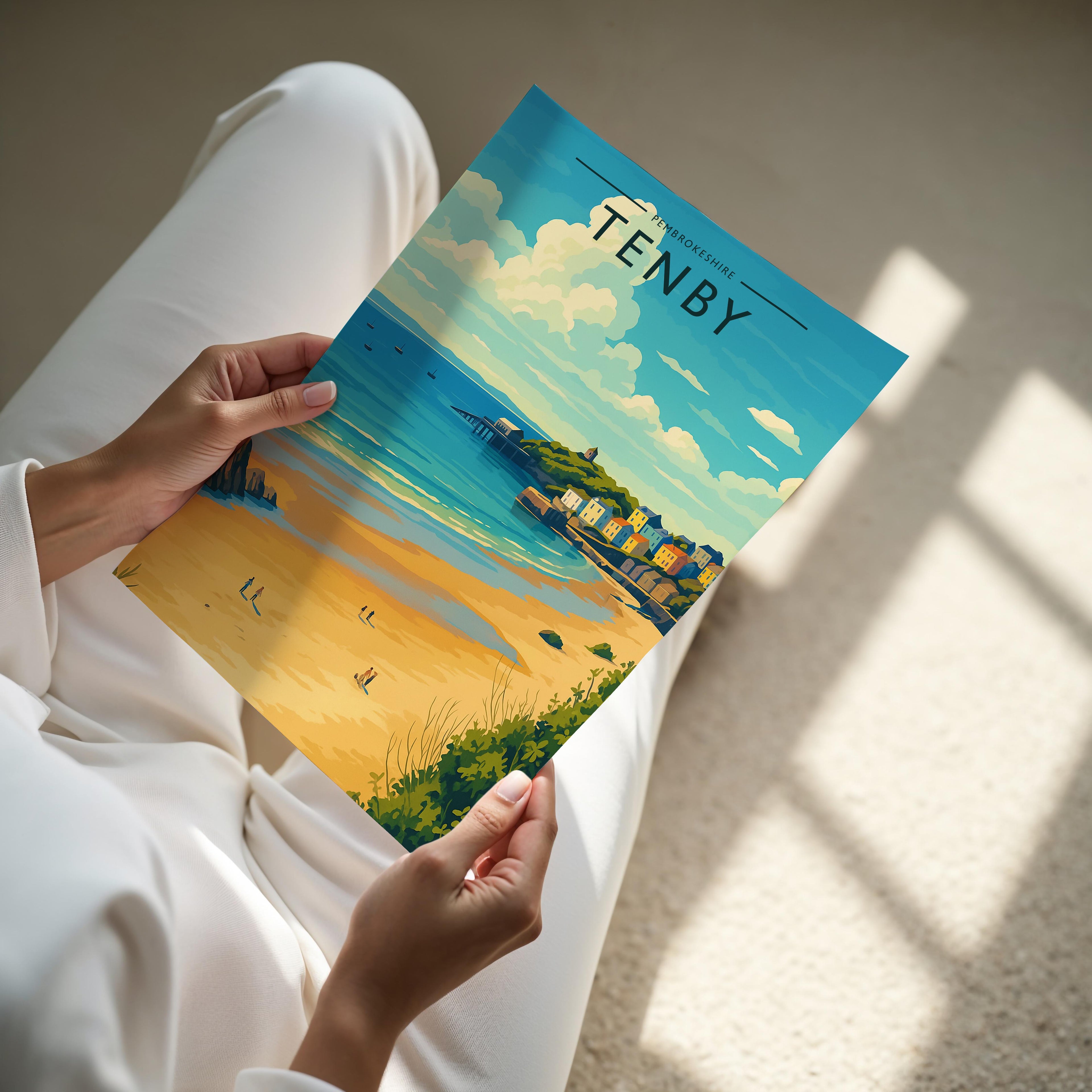 Tenby Travel Poster - A4 print held in hand