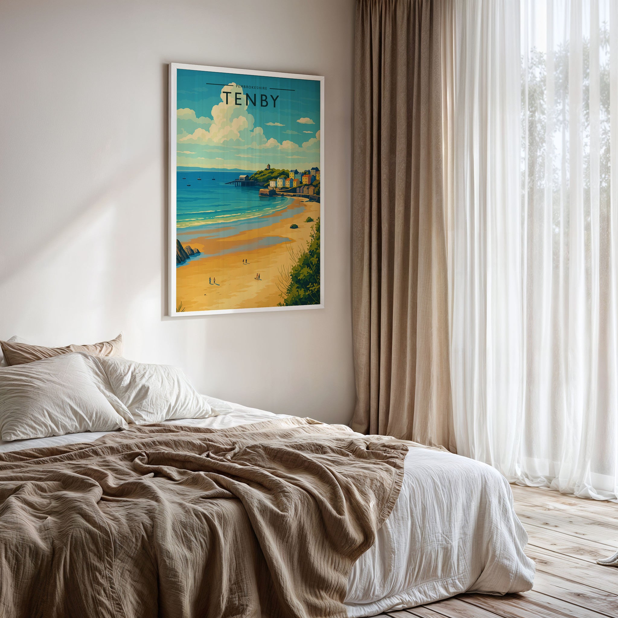 Tenby Travel Poster framed on a bedroom wall