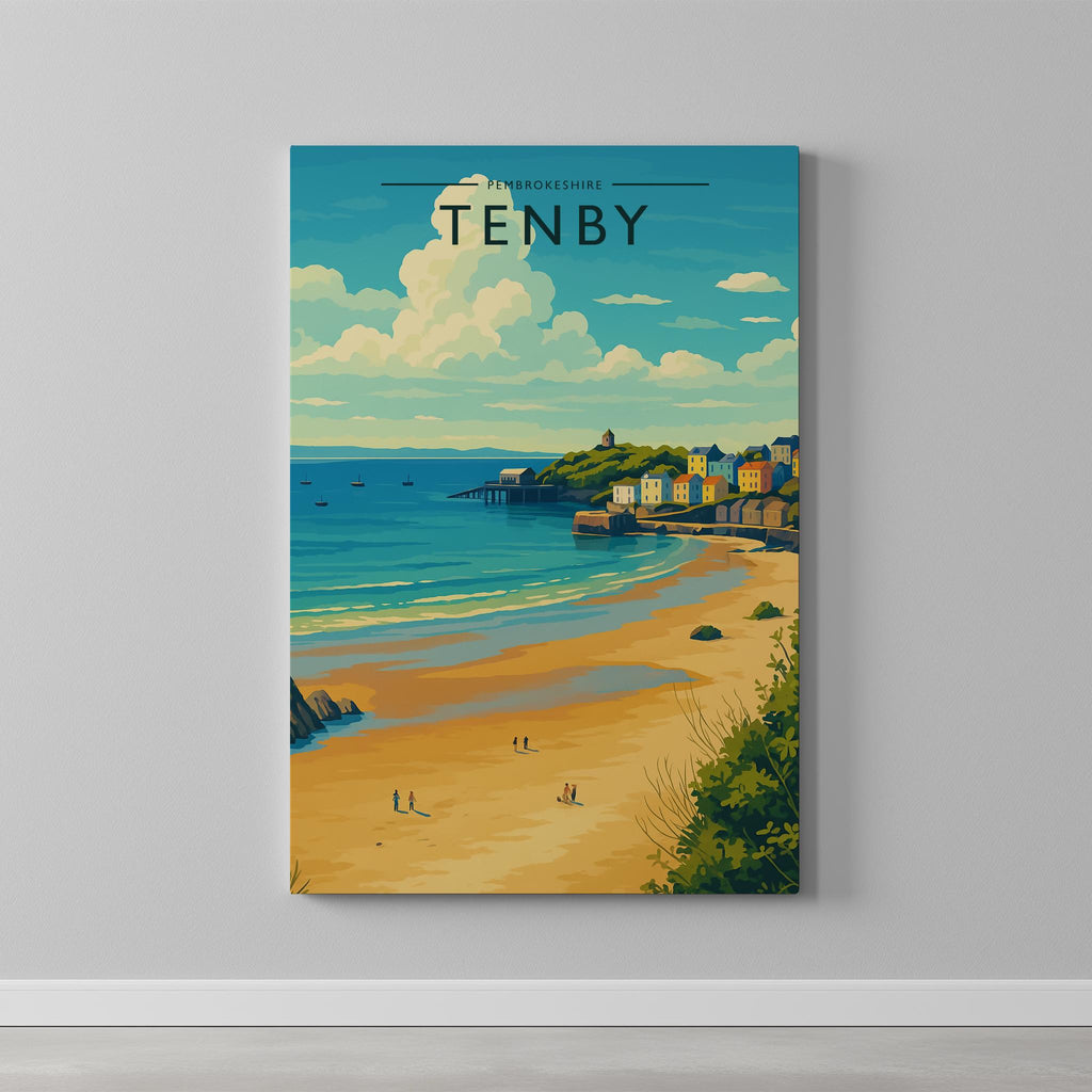 Tenby Travel Poster as a gallery-wrapped canvas on a plain wall