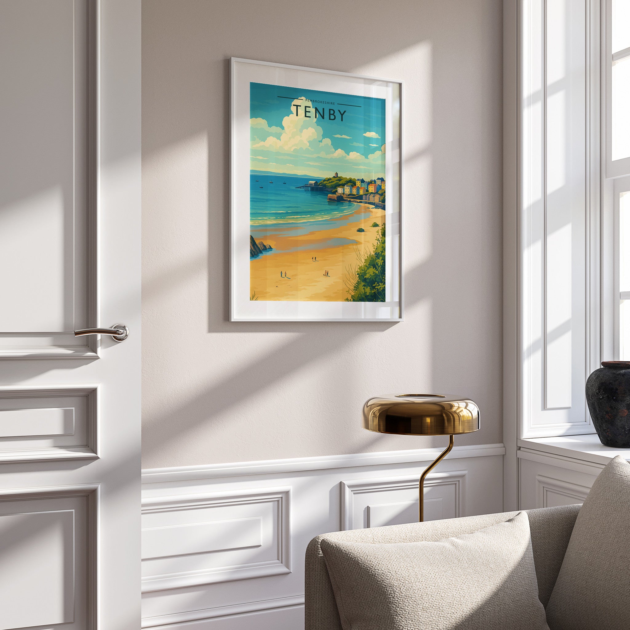 Tenby Travel Poster in a white frame on a panelled wall