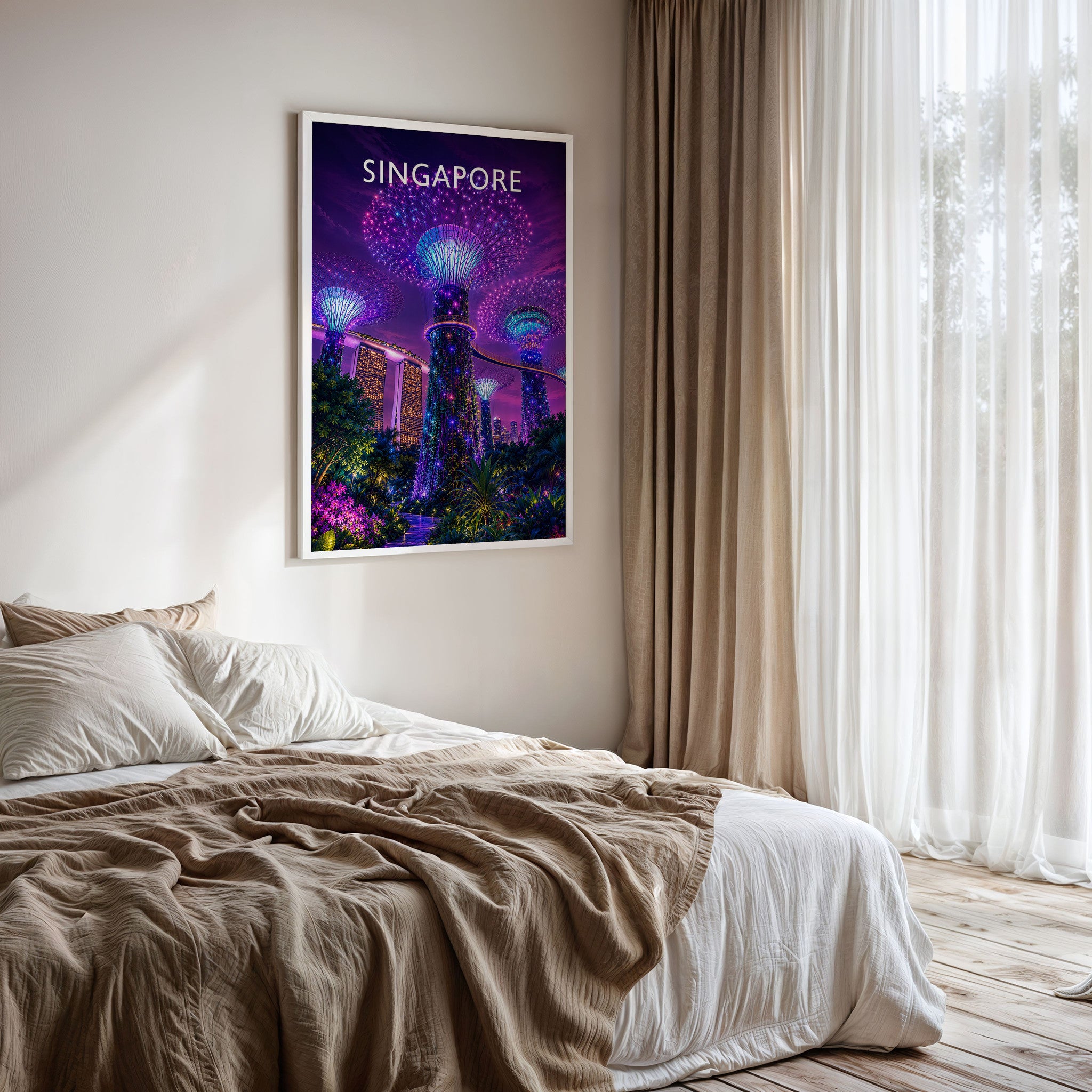 Singapore #2 Travel Poster framed on a bedroom wall