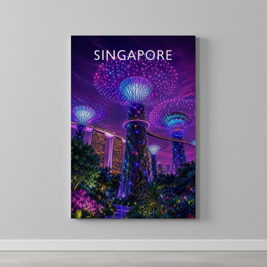 Singapore #2 Travel Poster as a gallery-wrapped canvas on a plain wall