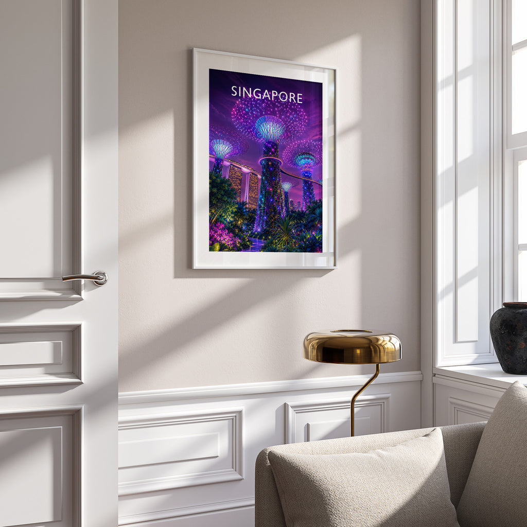 Singapore #2 Travel Poster in a white frame on a panelled wall