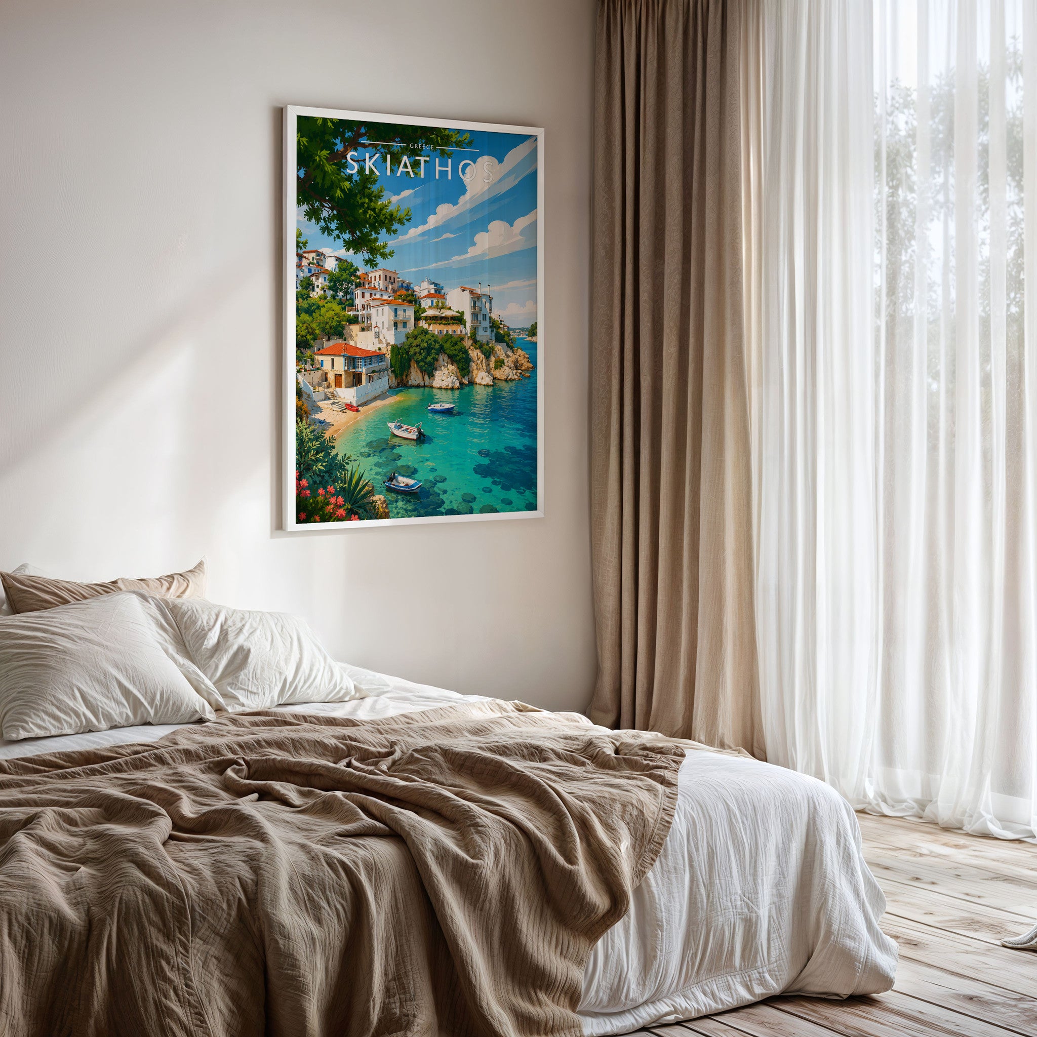 Skiathos #4 Travel Poster framed on a bedroom wall