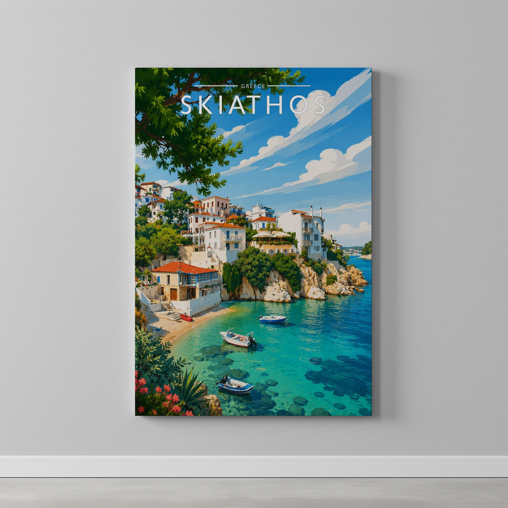 Skiathos #4 Travel Poster as a gallery-wrapped canvas on a plain wall