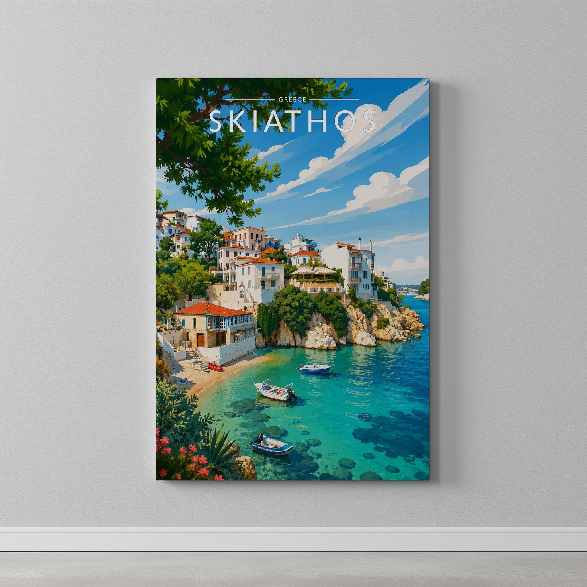 Skiathos #4 Travel Poster as a gallery-wrapped canvas on a plain wall