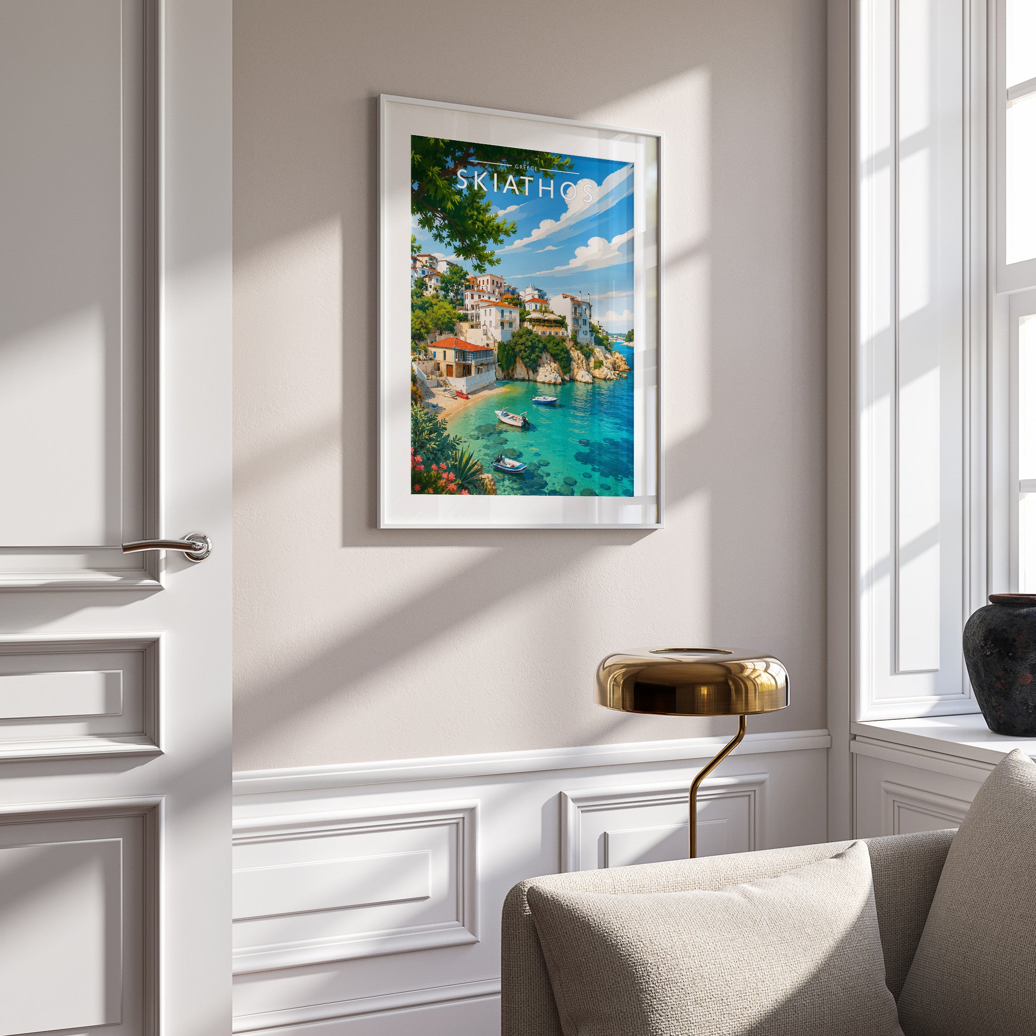 Skiathos #4 Travel Poster in a white frame on a panelled wall