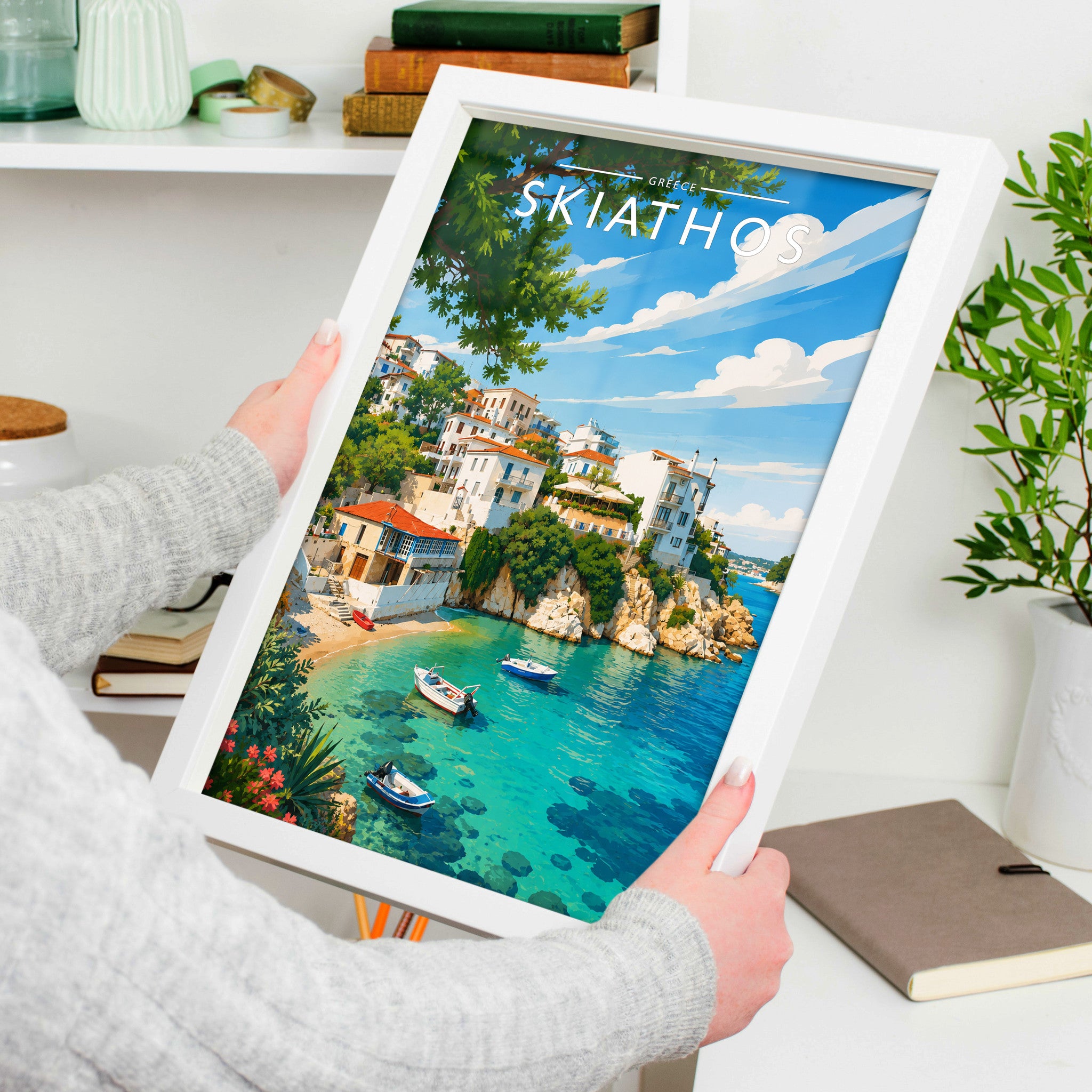 Skiathos #4 Travel Poster in a white frame, held to show scale