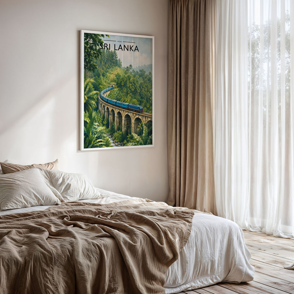 Sri Lanka Travel Poster framed on a bedroom wall