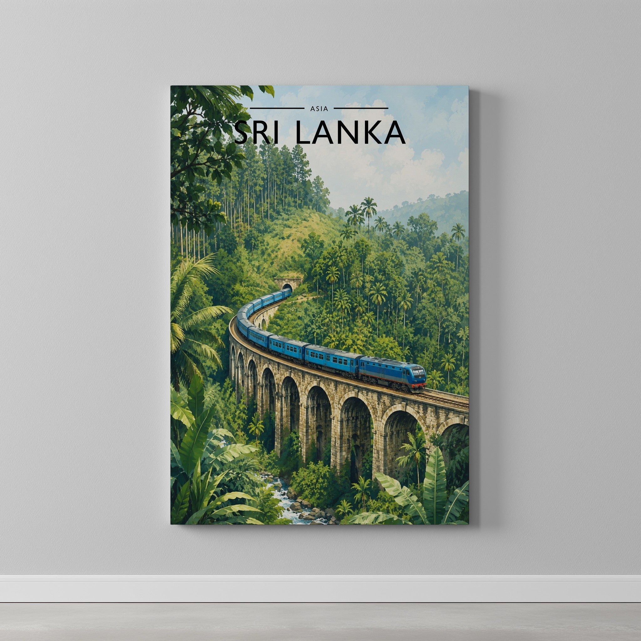 Sri Lanka Travel Poster as a gallery-wrapped canvas on a plain wall