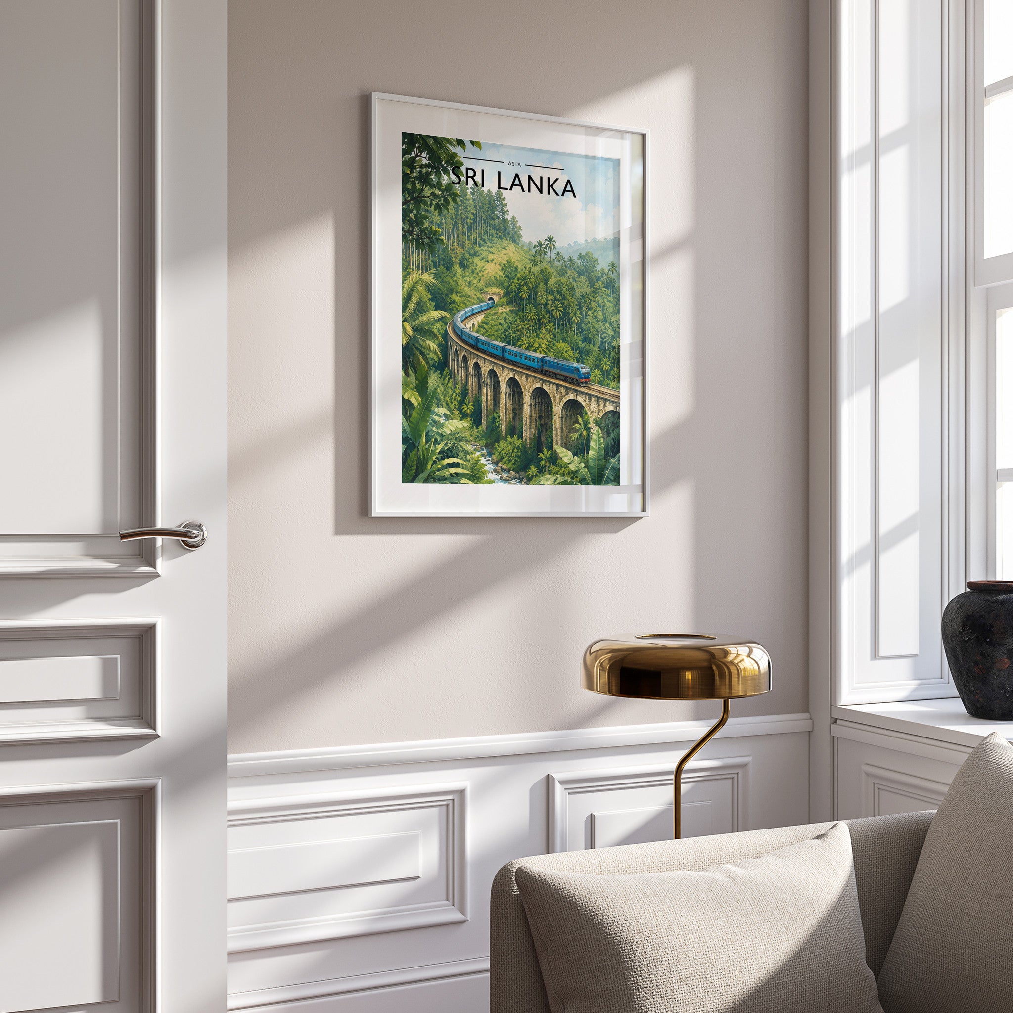 Sri Lanka Travel Poster in a white frame on a panelled wall
