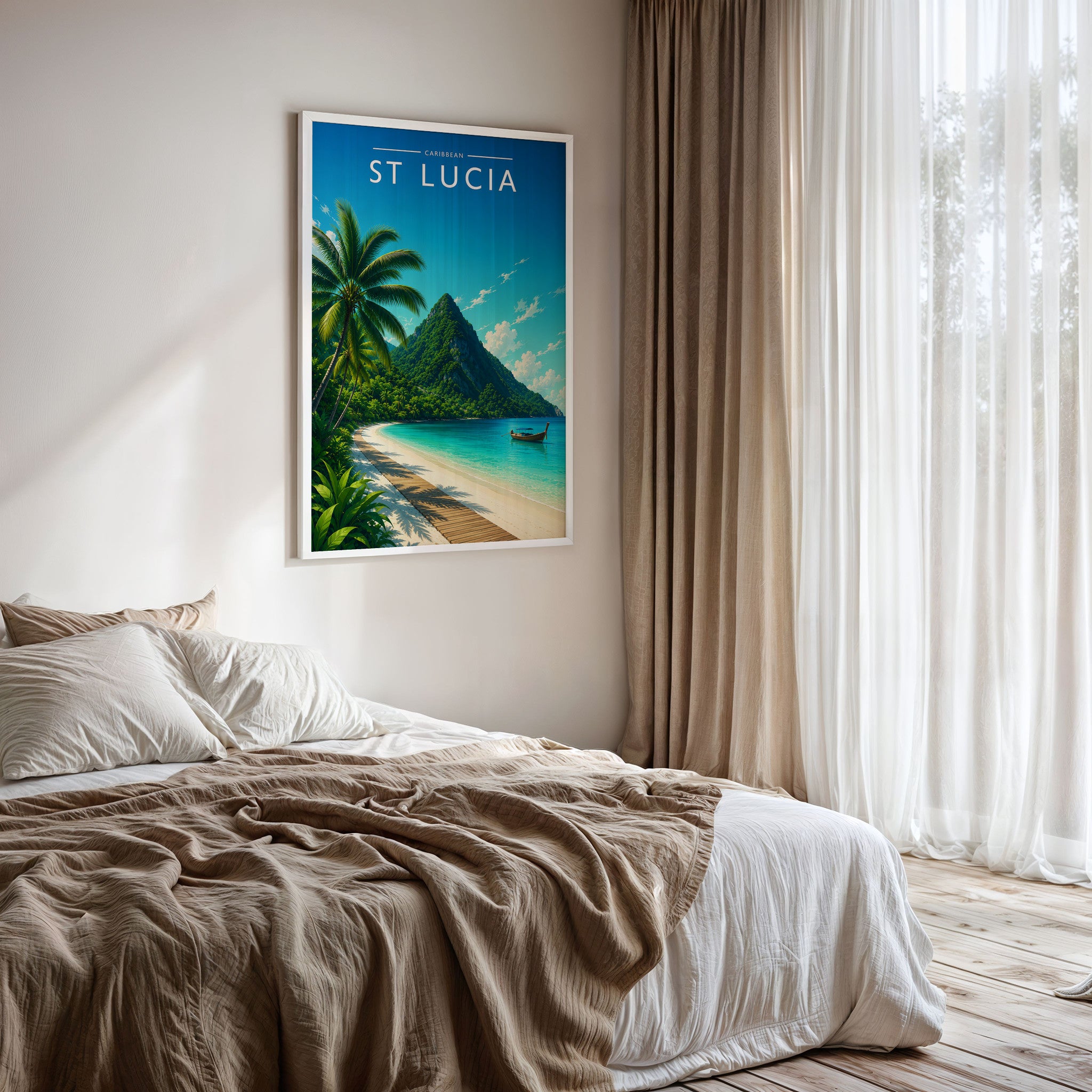 St Lucia #2 Travel Poster framed on a bedroom wall