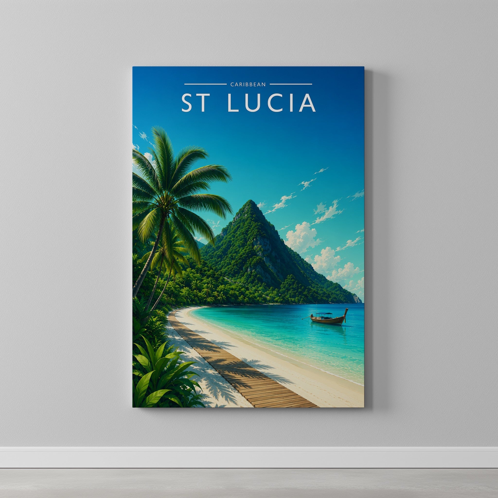 St Lucia #2 Travel Poster as a gallery-wrapped canvas on a plain wall
