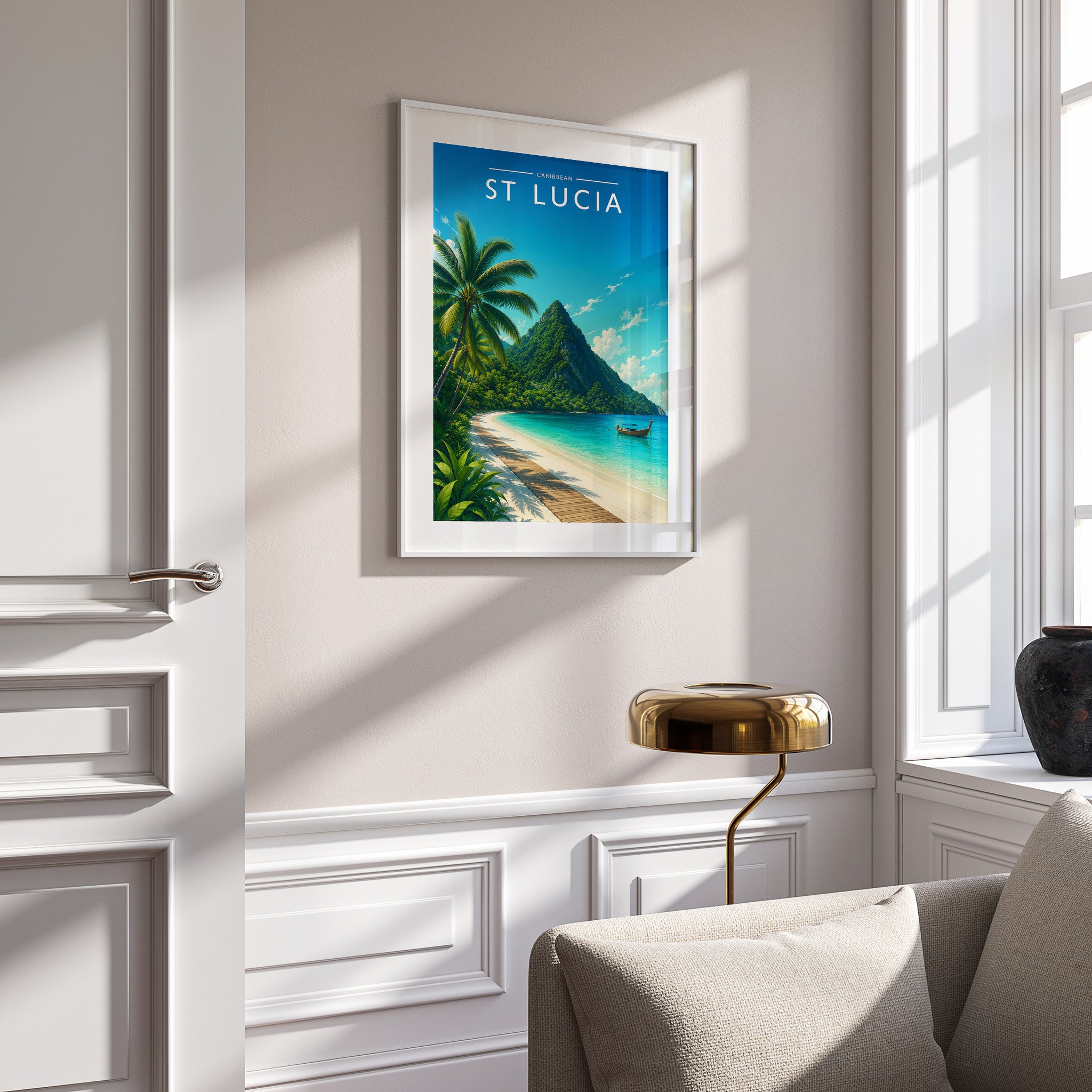 St Lucia #2 Travel Poster in a white frame on a panelled wall