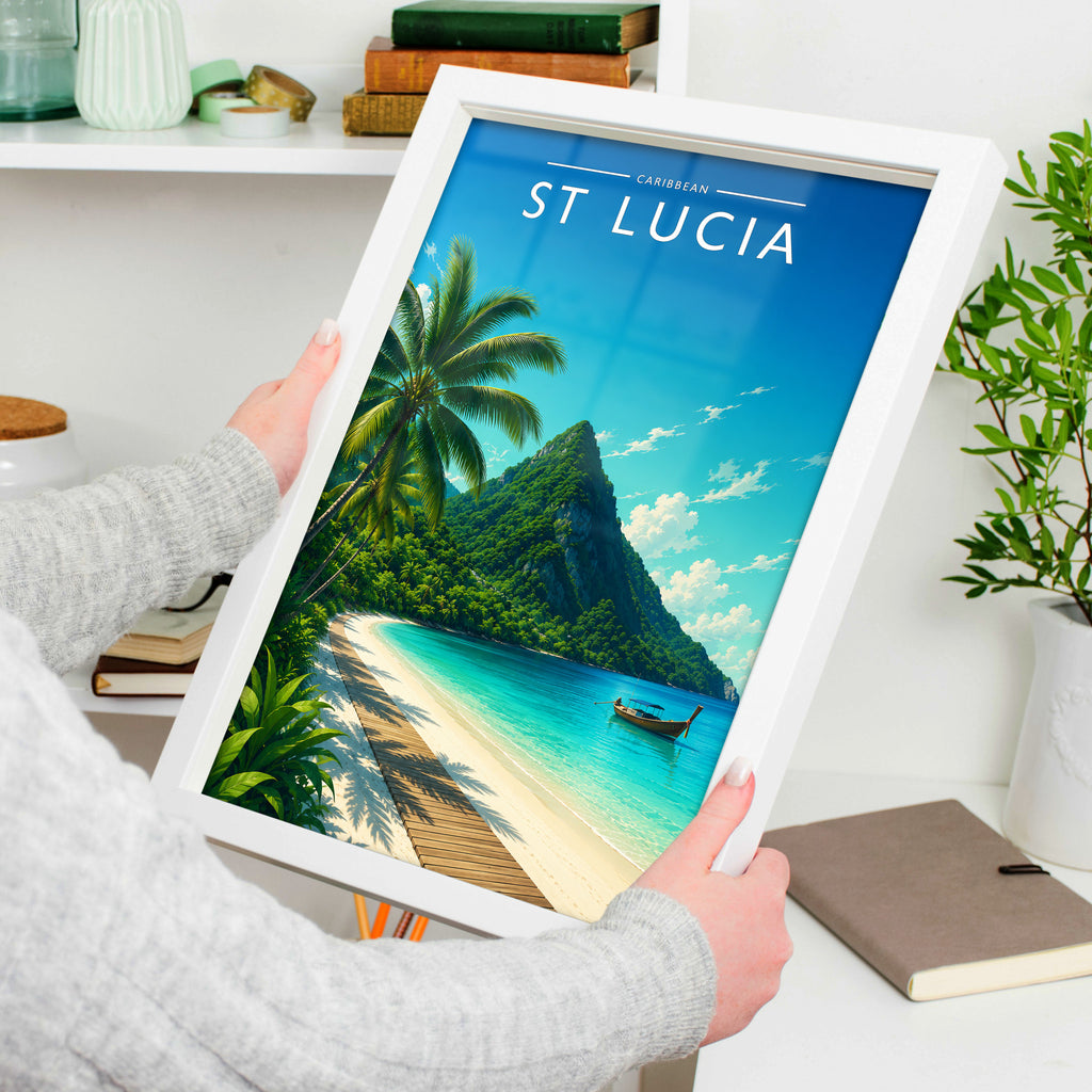 St Lucia #2 Travel Poster in a white frame, held to show scale