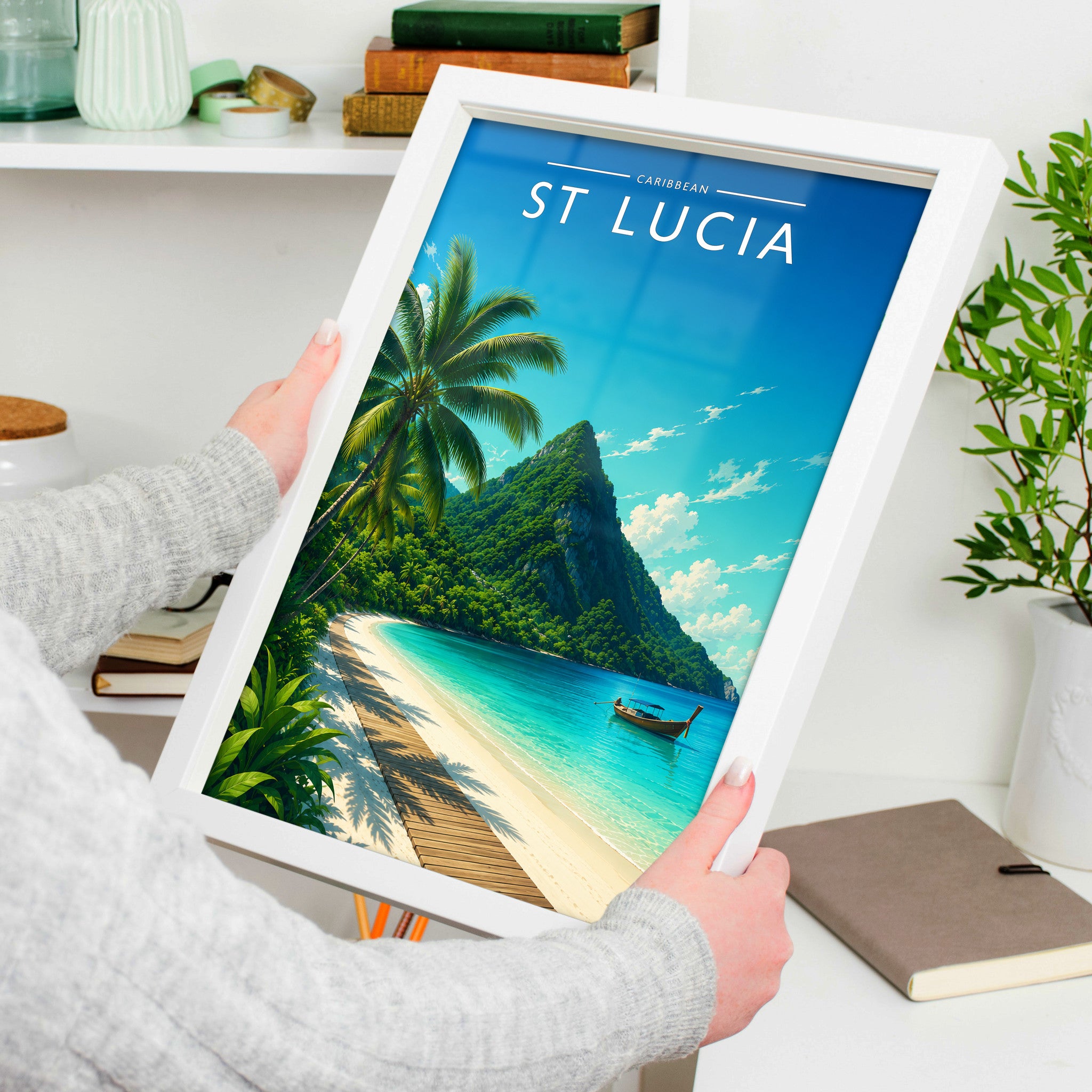 St Lucia #2 Travel Poster in a white frame, held to show scale