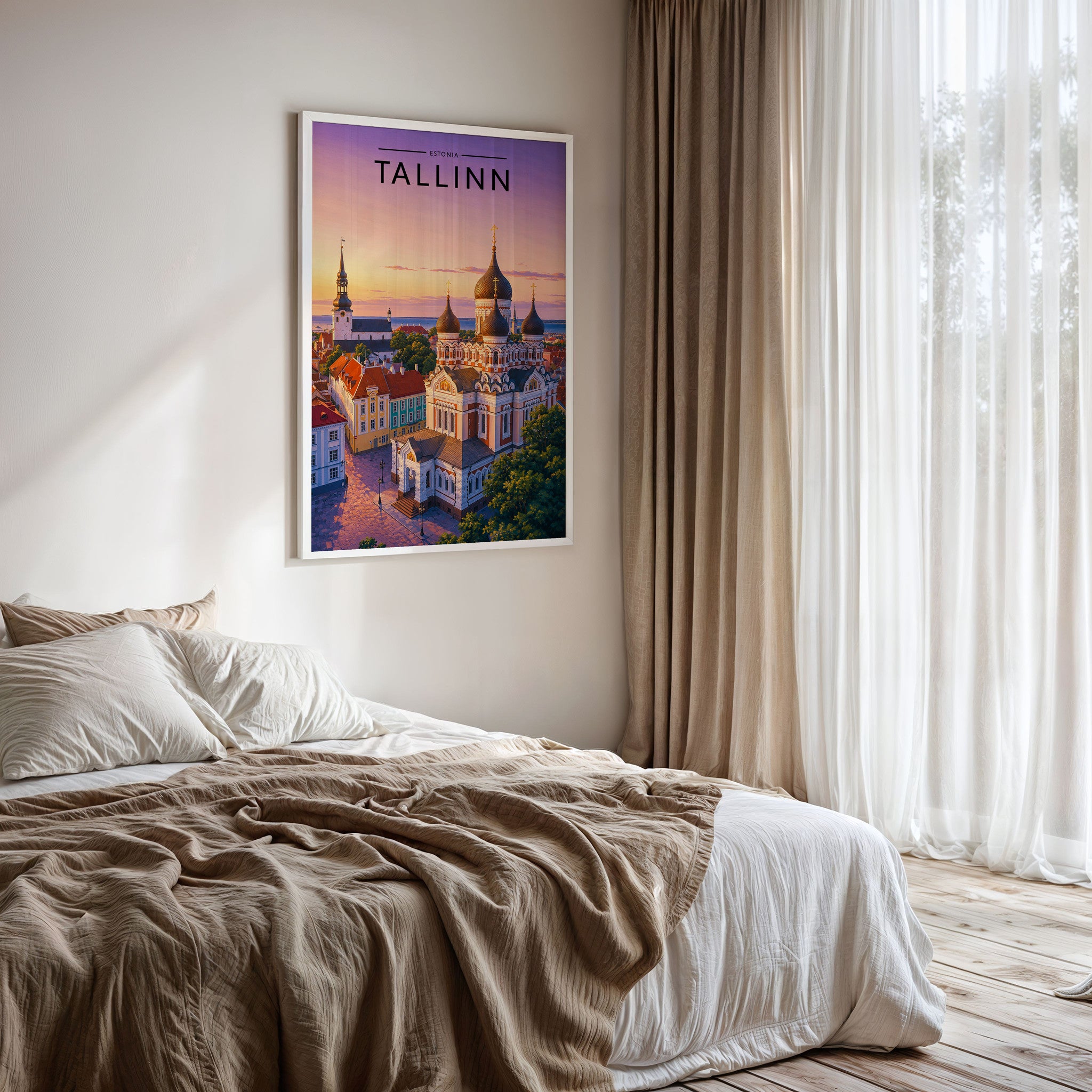 Tallinn Travel Poster framed on a bedroom wall