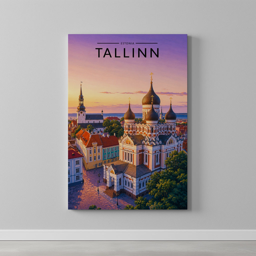 Tallinn Travel Poster as a gallery-wrapped canvas on a plain wall