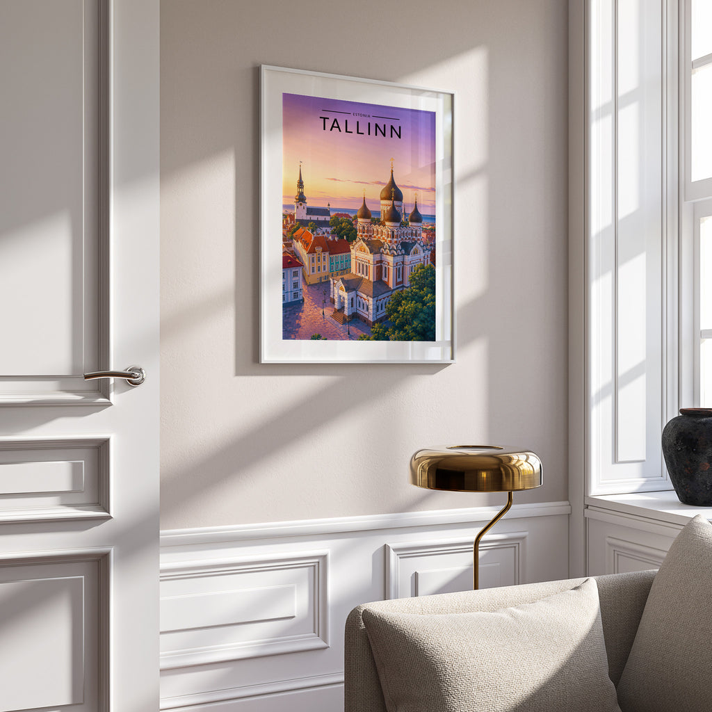 Tallinn Travel Poster in a white frame on a panelled wall