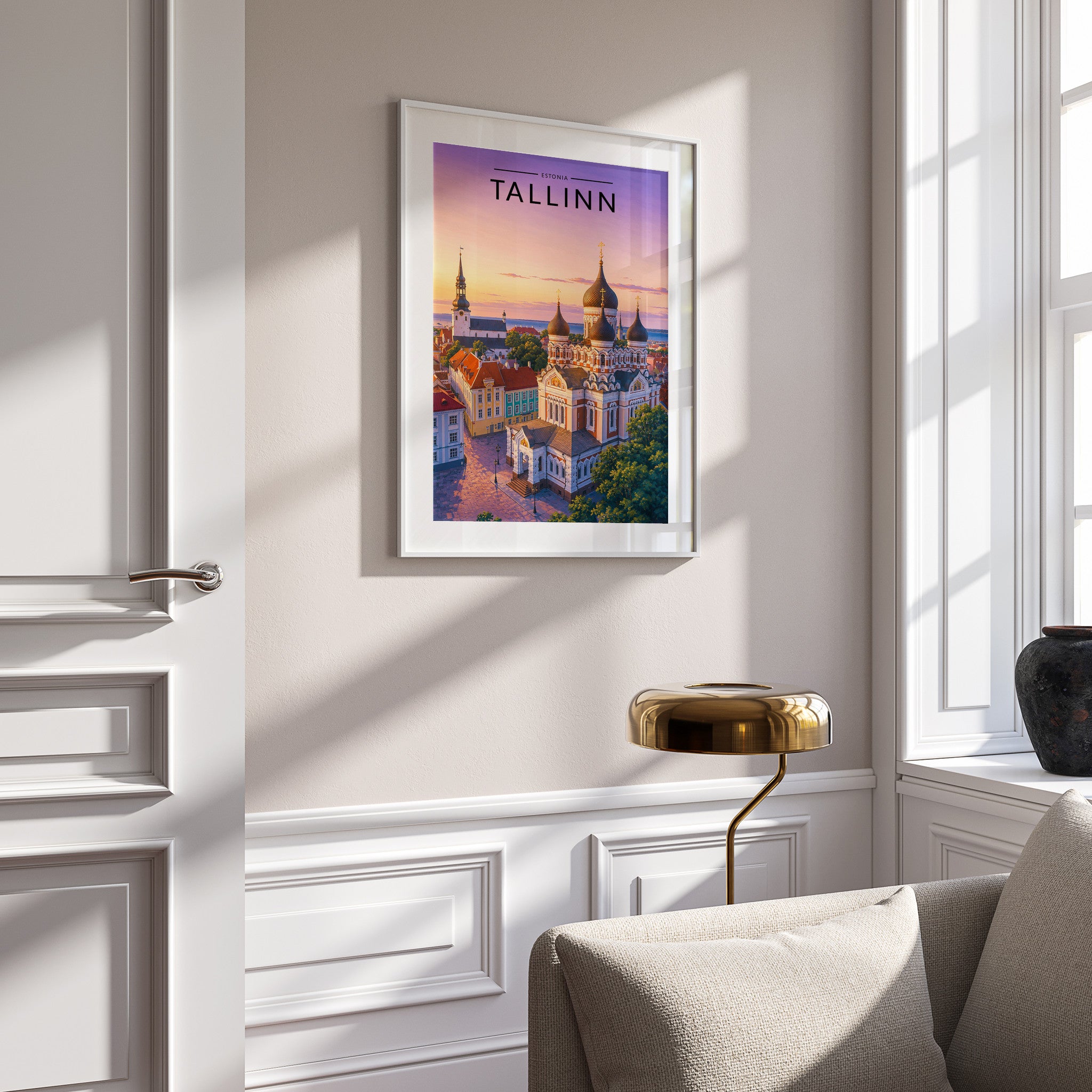 Tallinn Travel Poster in a white frame on a panelled wall
