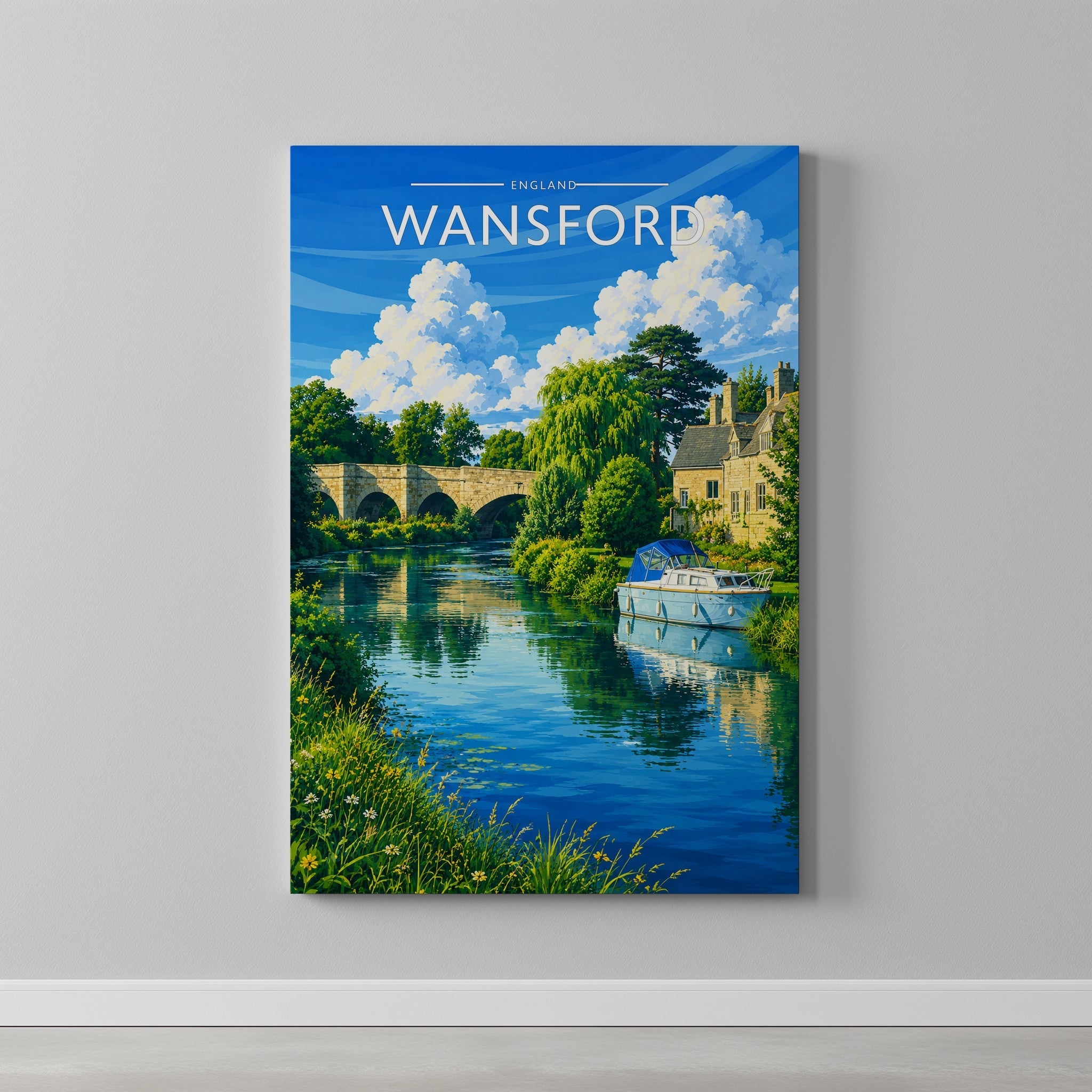 Wansford Travel Poster as a gallery-wrapped canvas on a plain wall
