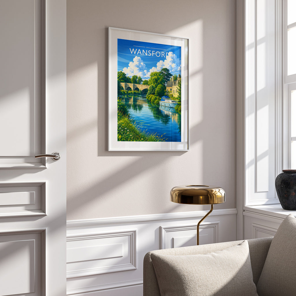 Wansford Travel Poster in a white frame on a panelled wall