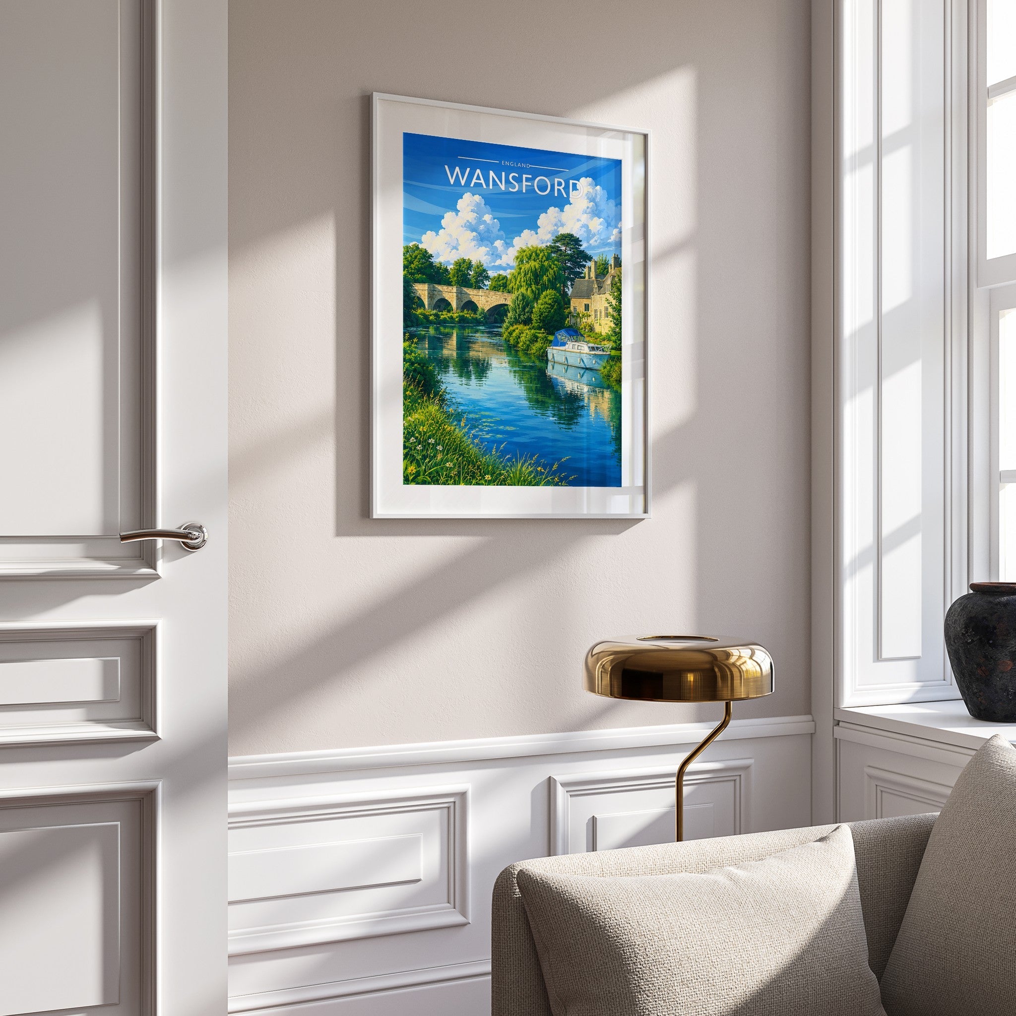 Wansford Travel Poster mounted in a white frame