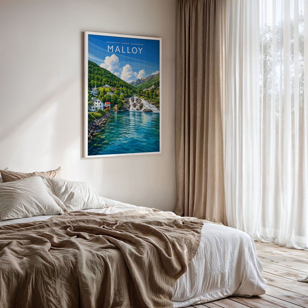 Malloy Travel Poster framed on a bedroom wall